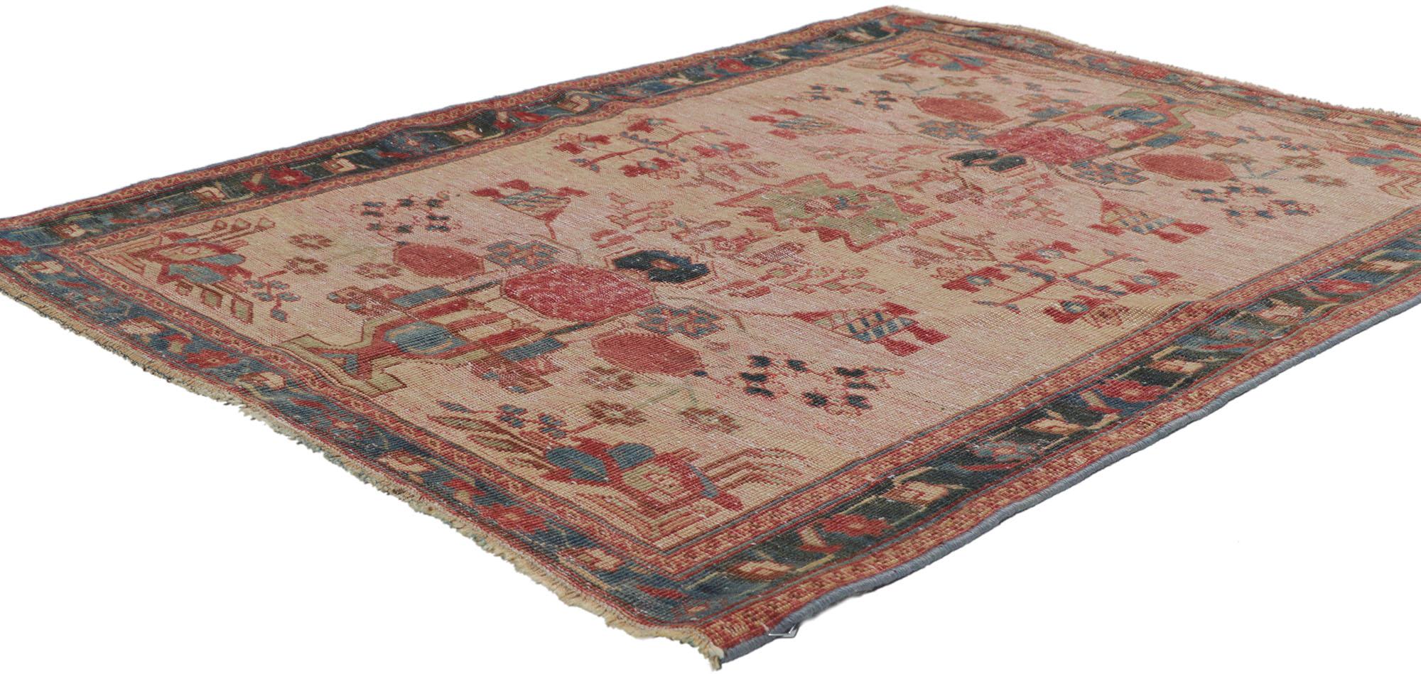 61000 Distressed Antique Persian Ghashghaei Rug 03'04 x 04'02. Rendered in variegated shades of rose, cerulean, blue, pink, red, taupe, light green, brick red, tan, and navy blue with other accent colors. Distressed. Desirable Age Wear. Antique