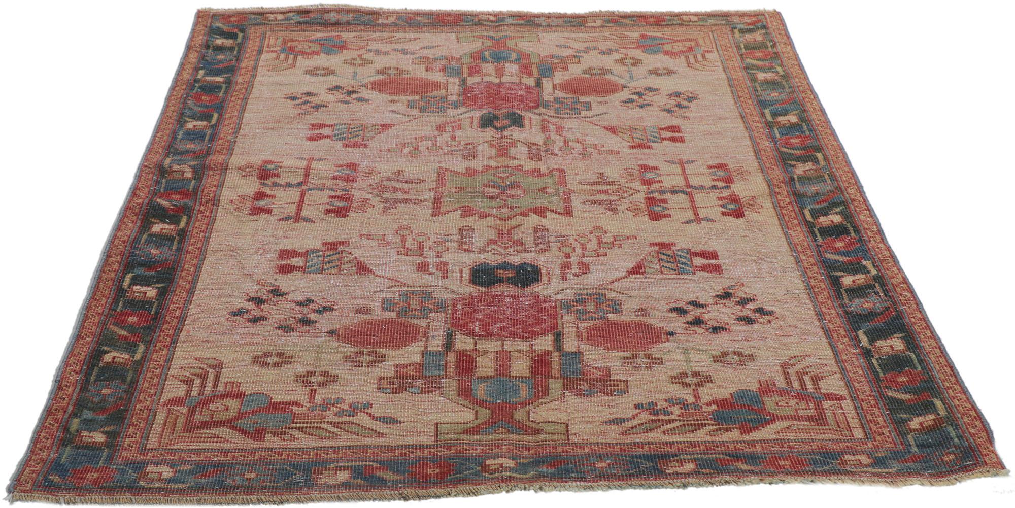 Rustic Distressed Antique Persian Ghashghaei Rug For Sale