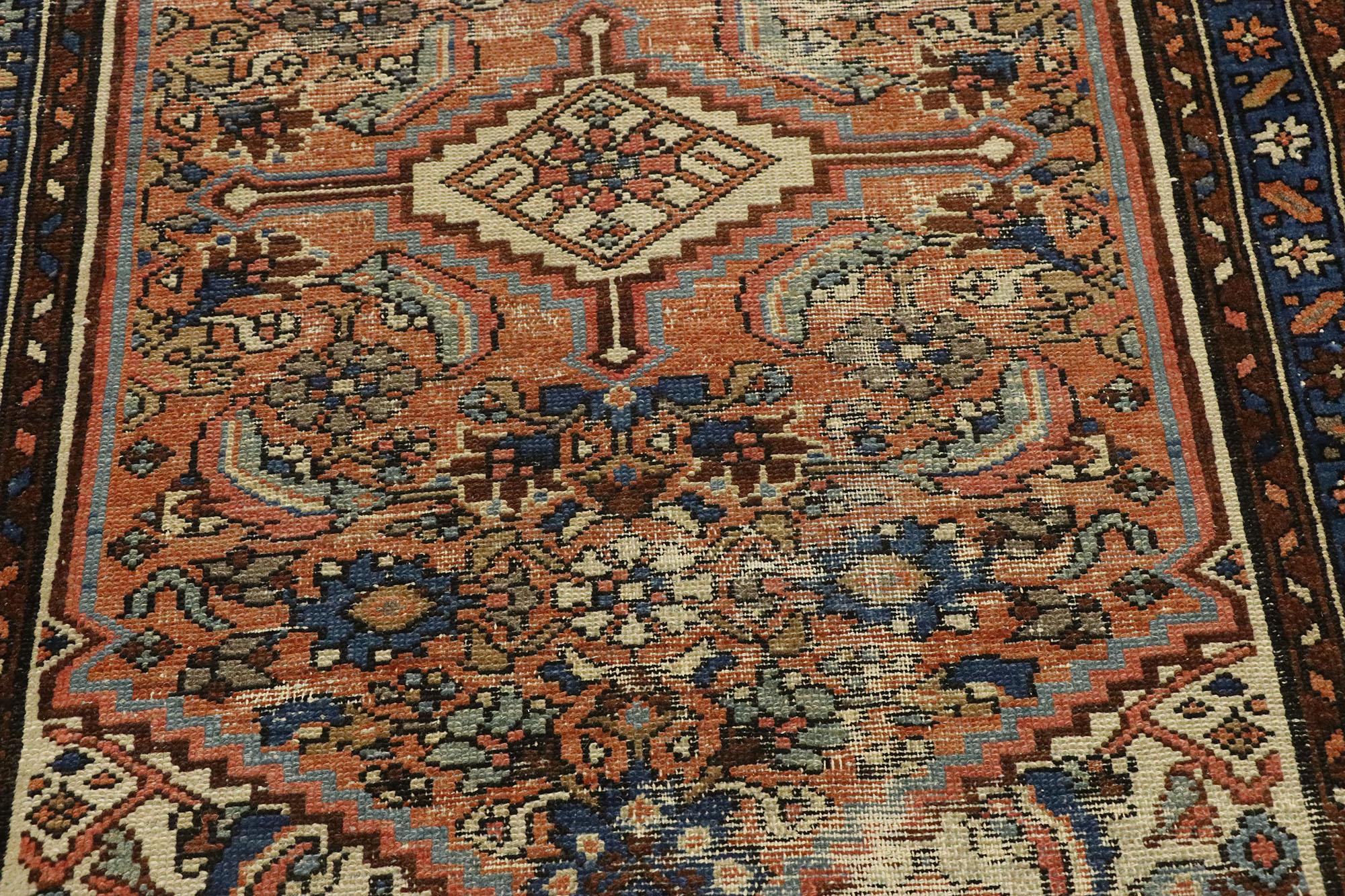 Hand-Knotted Distressed Antique Persian Hamadan Accent Rug with Romantic Industrial Style For Sale
