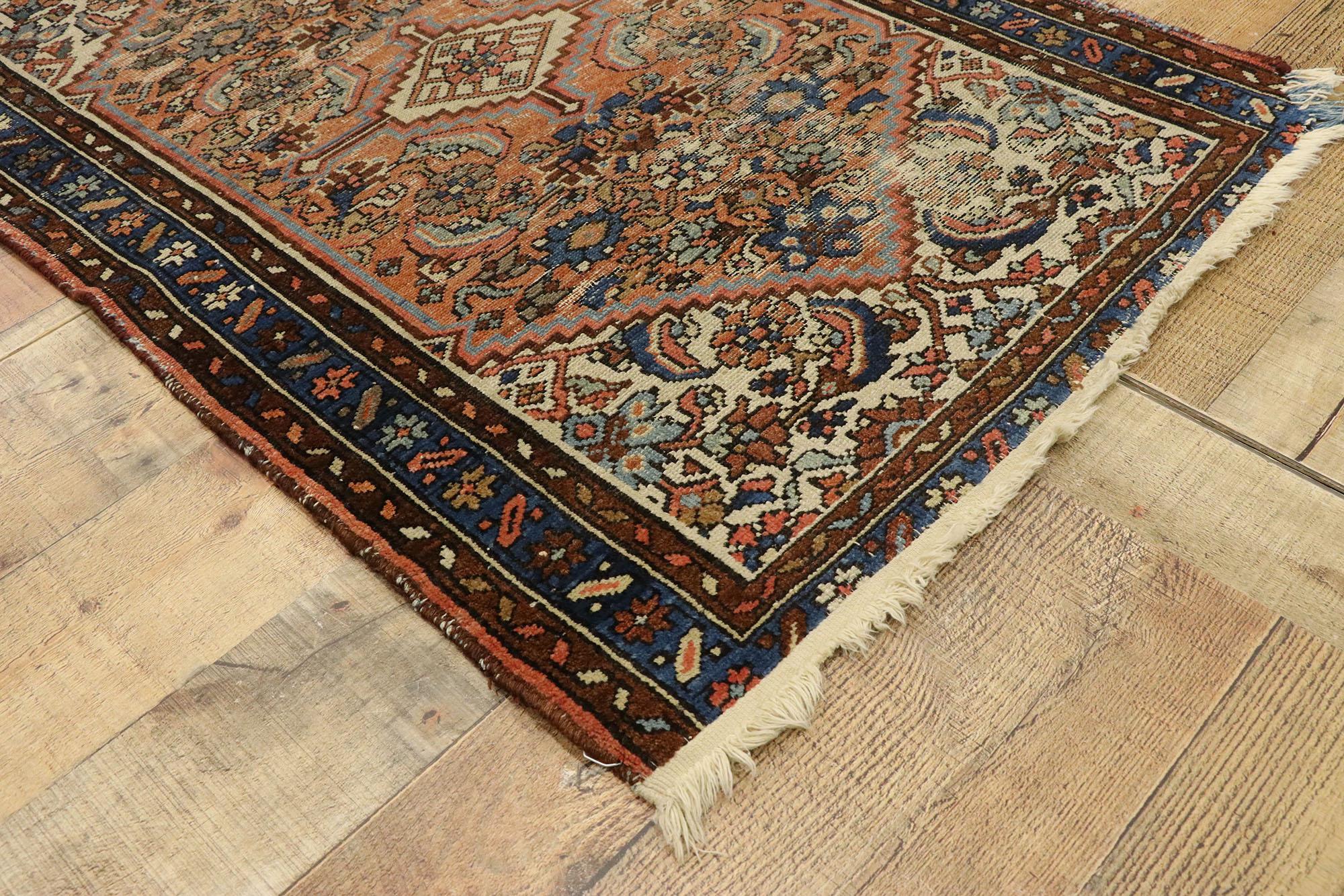 20th Century Distressed Antique Persian Hamadan Accent Rug with Romantic Industrial Style For Sale