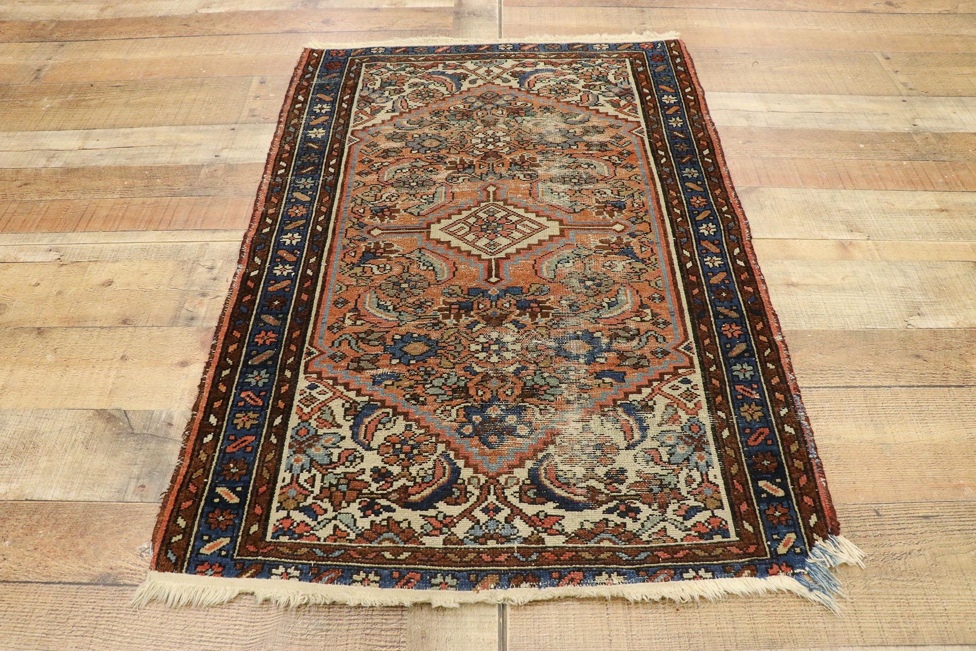 Wool Distressed Antique Persian Hamadan Accent Rug with Romantic Industrial Style For Sale