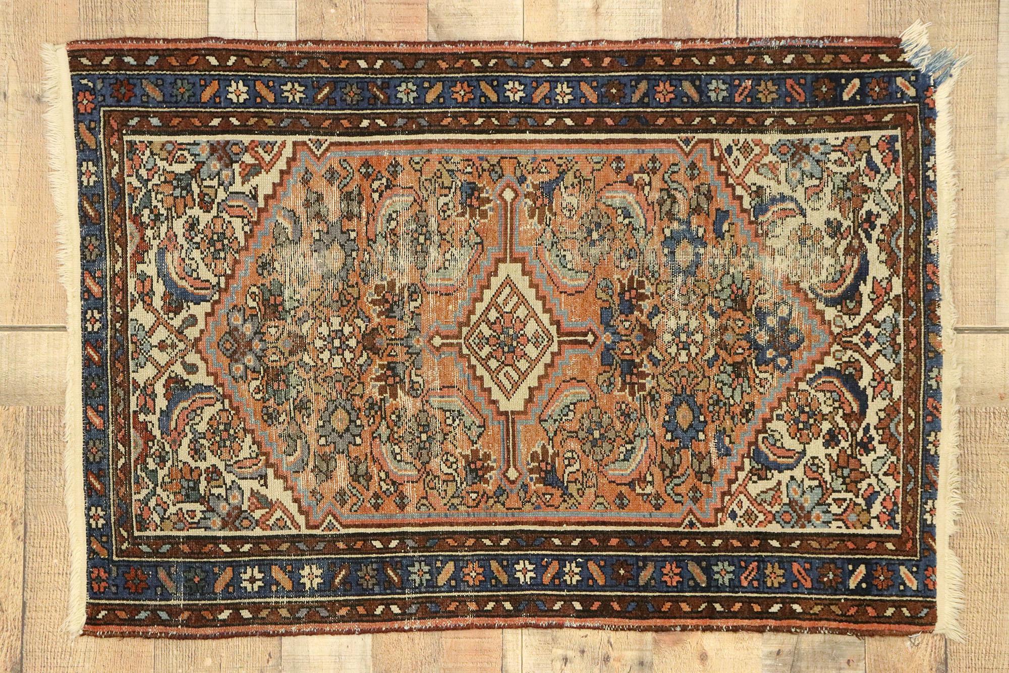 Distressed Antique Persian Hamadan Accent Rug with Romantic Industrial Style For Sale 1