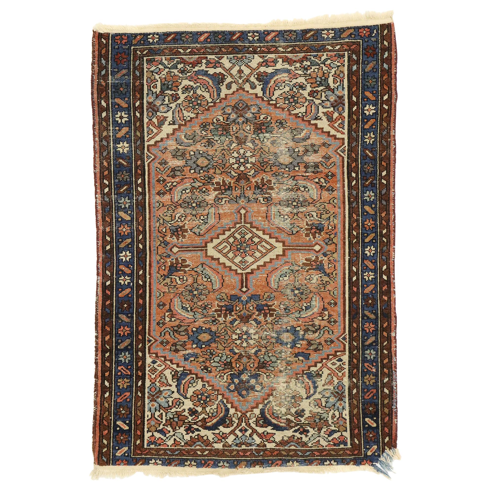 Distressed Antique Persian Hamadan Accent Rug with Romantic Industrial Style For Sale