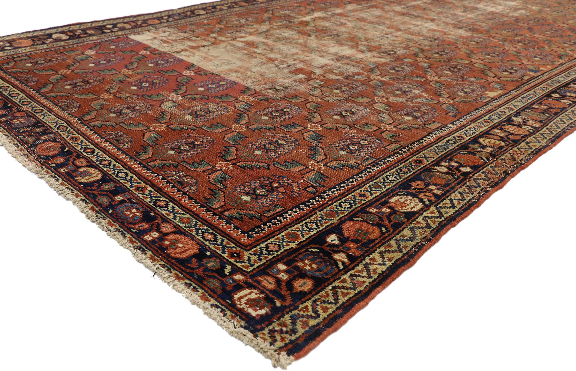 73169 Distressed Antique Persian Hamadan Gallery Rug with Rustic Industrial Style 06'01 x 16'01. Effortless beauty and rustic sensibility meet industrial style in this hand knotted wool distressed antique Persian Hamadan gallery rug. This