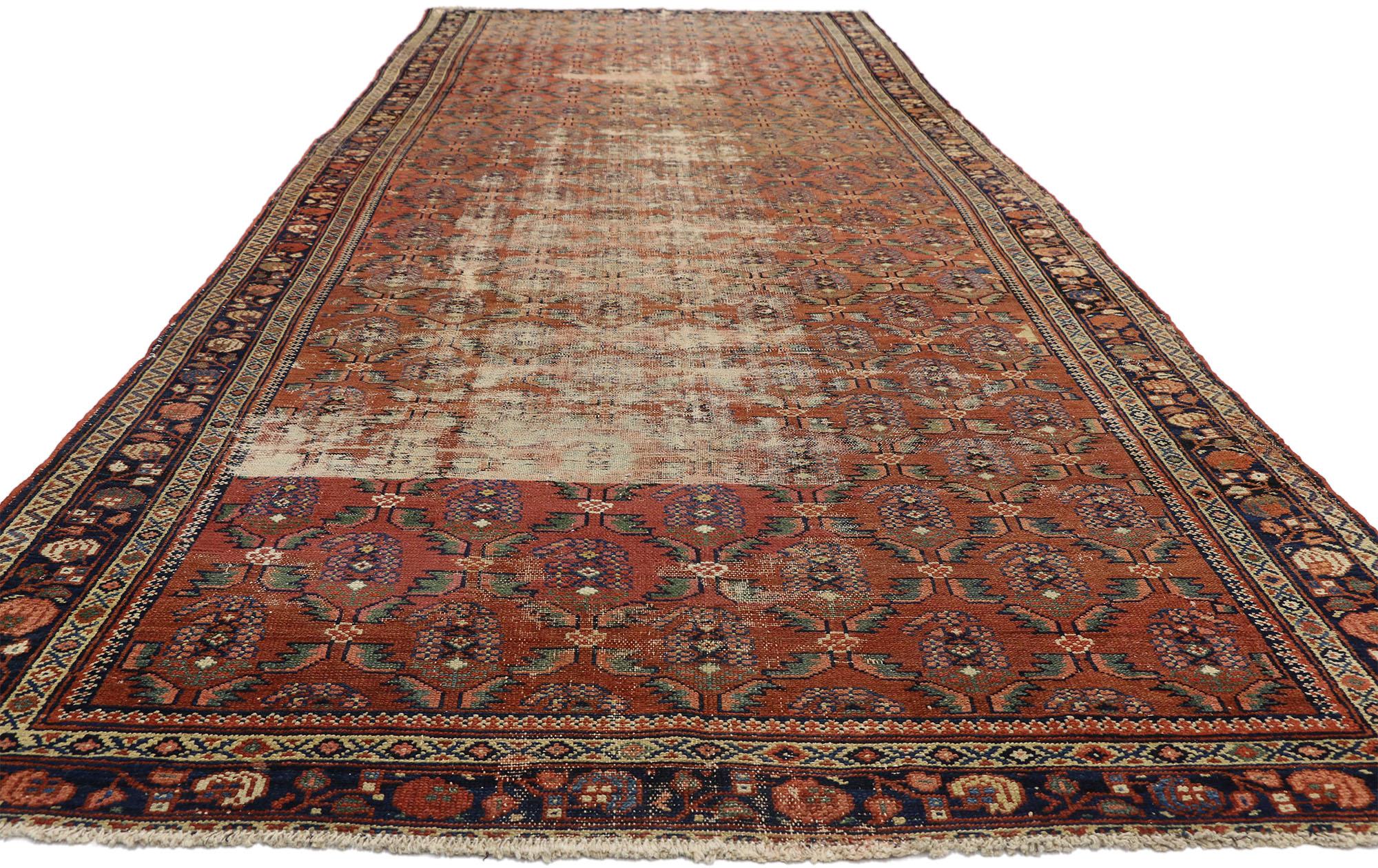 Malayer Distressed Antique Persian Hamadan Gallery Rug with Rustic Industrial Style For Sale