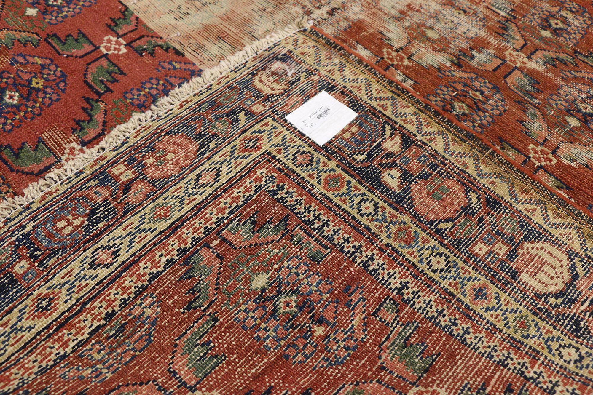 Distressed Antique Persian Hamadan Gallery Rug with Rustic Industrial Style In Distressed Condition For Sale In Dallas, TX