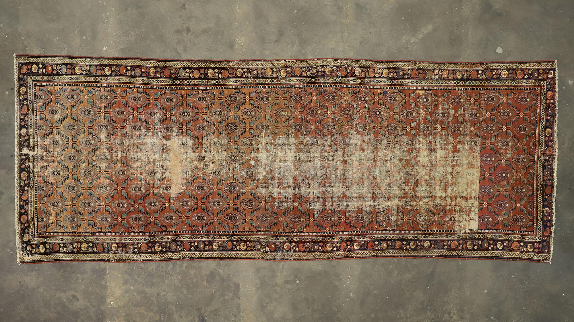 19th Century Distressed Antique Persian Hamadan Gallery Rug with Rustic Industrial Style For Sale