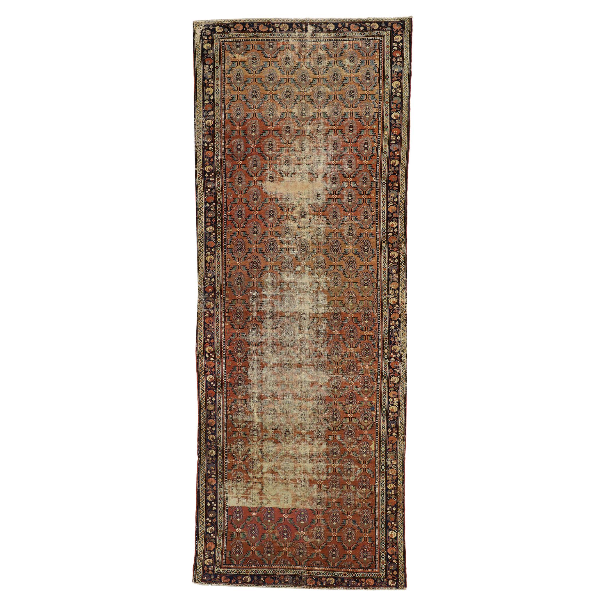 Distressed Antique Persian Hamadan Gallery Rug with Rustic Industrial Style For Sale