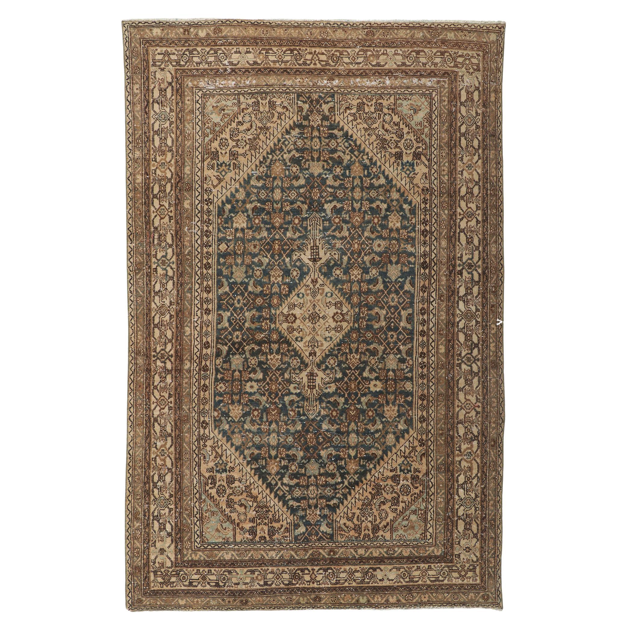 Antique Distressed Beige Persian Hamadan Runner Rug For Sale at 1stDibs