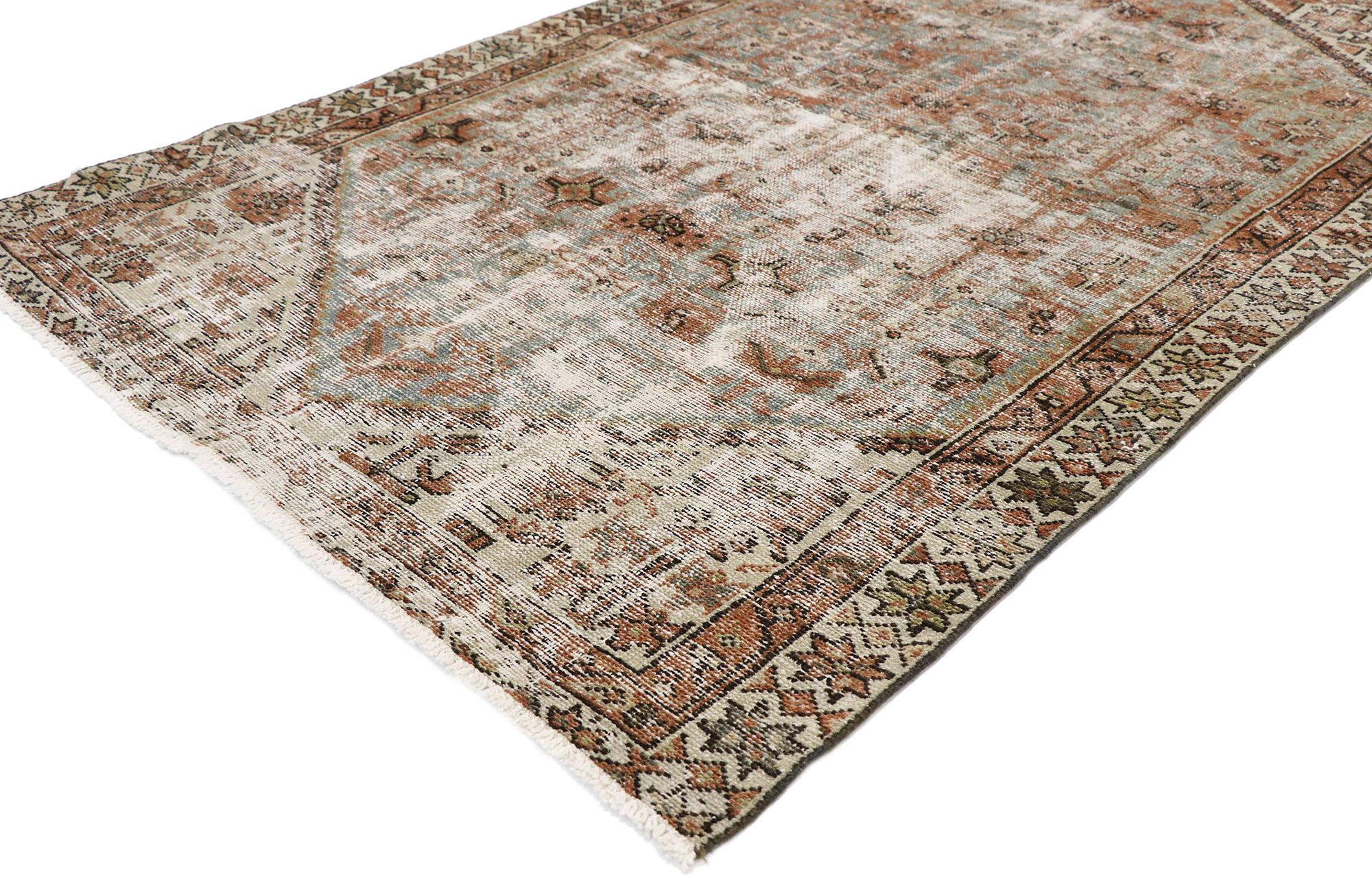 60830, distressed antique Persian Hamadan rug with modern rustic artisan style. Warm and inviting with a lovingly time-worn composition, this hand-knotted wool distressed antique Persian Hamadan rug will take on a curated lived-in look that feels