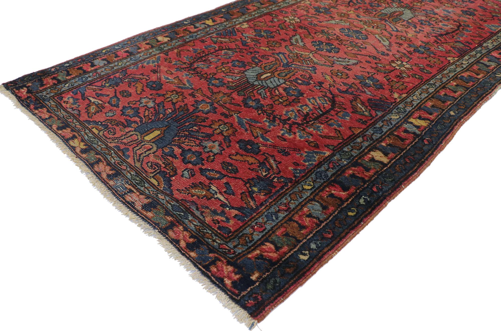 77596, distressed antique Persian Hamadan rug with Rustic English Manor Tudor style 03'05 x 06'02. With its dark, rich colors and ornate detailing, this hand knotted wool distressed antique Persian Hamadan rug is poised to impress. The abrashed