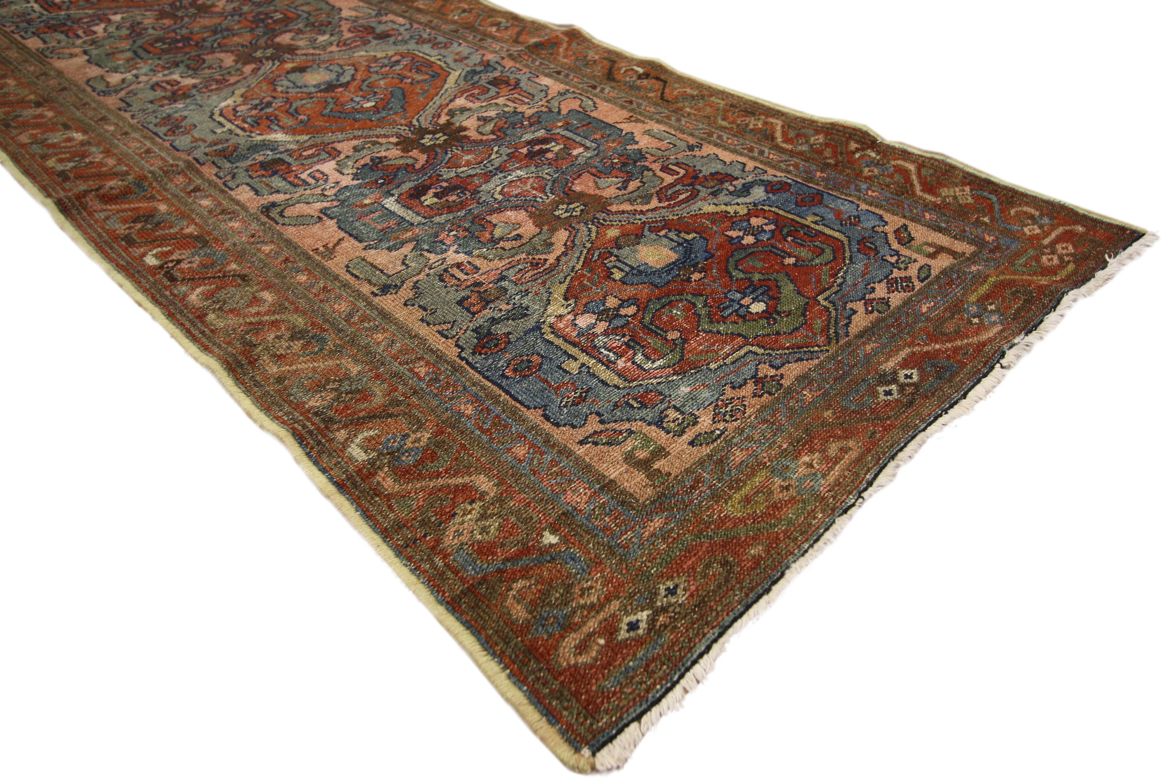 74475, distressed antique Persian Hamadan runner, Industrial hallway runner with unique cloud band design 02'07 x 10'05. Exhibiting the desirable wear and tear of an authentic antique, this distressed Persian Hamadan runner features a unique cloud