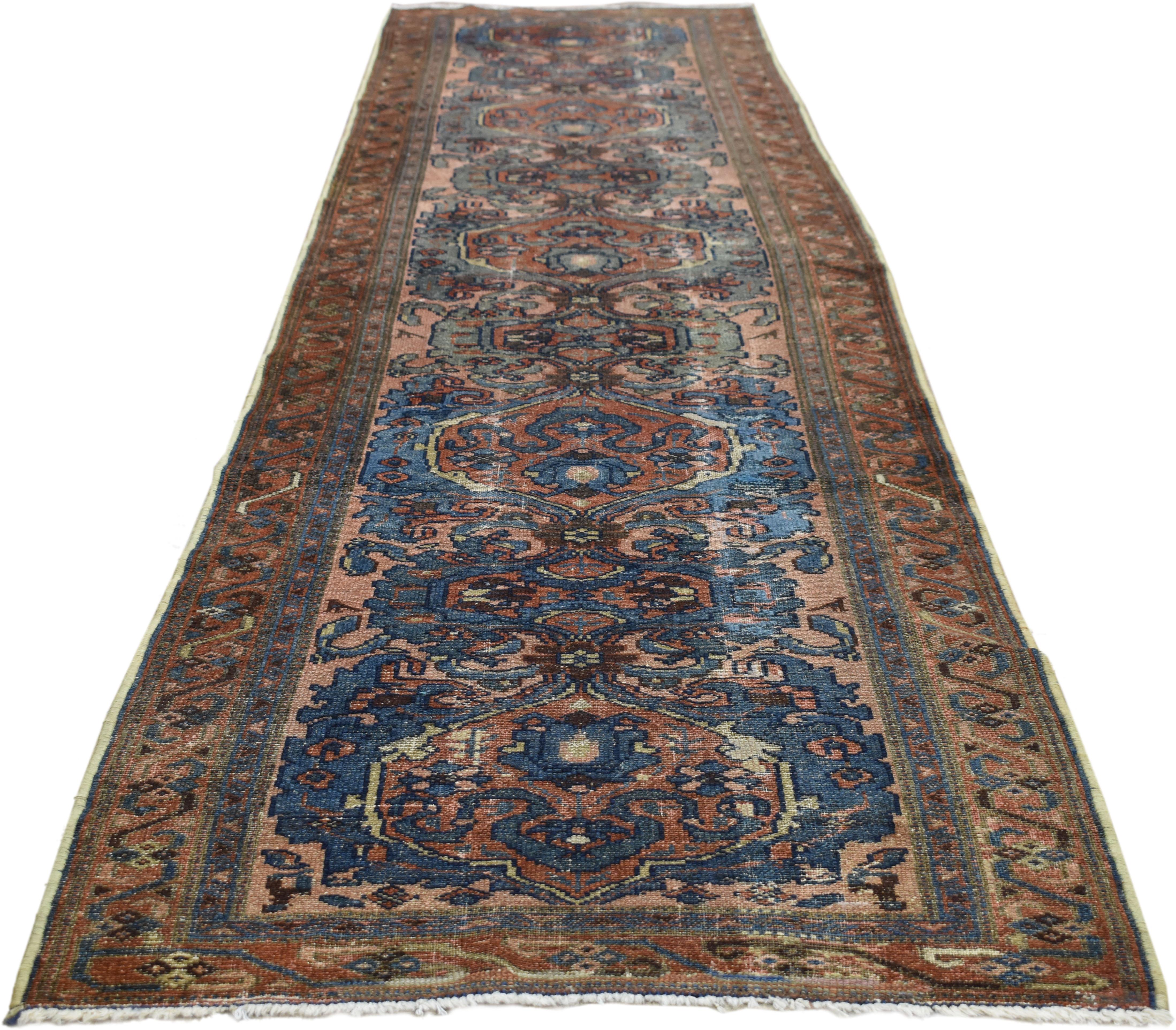 Hand-Knotted Distressed Antique Persian Hamadan Runner, Industrial Hallway Runner