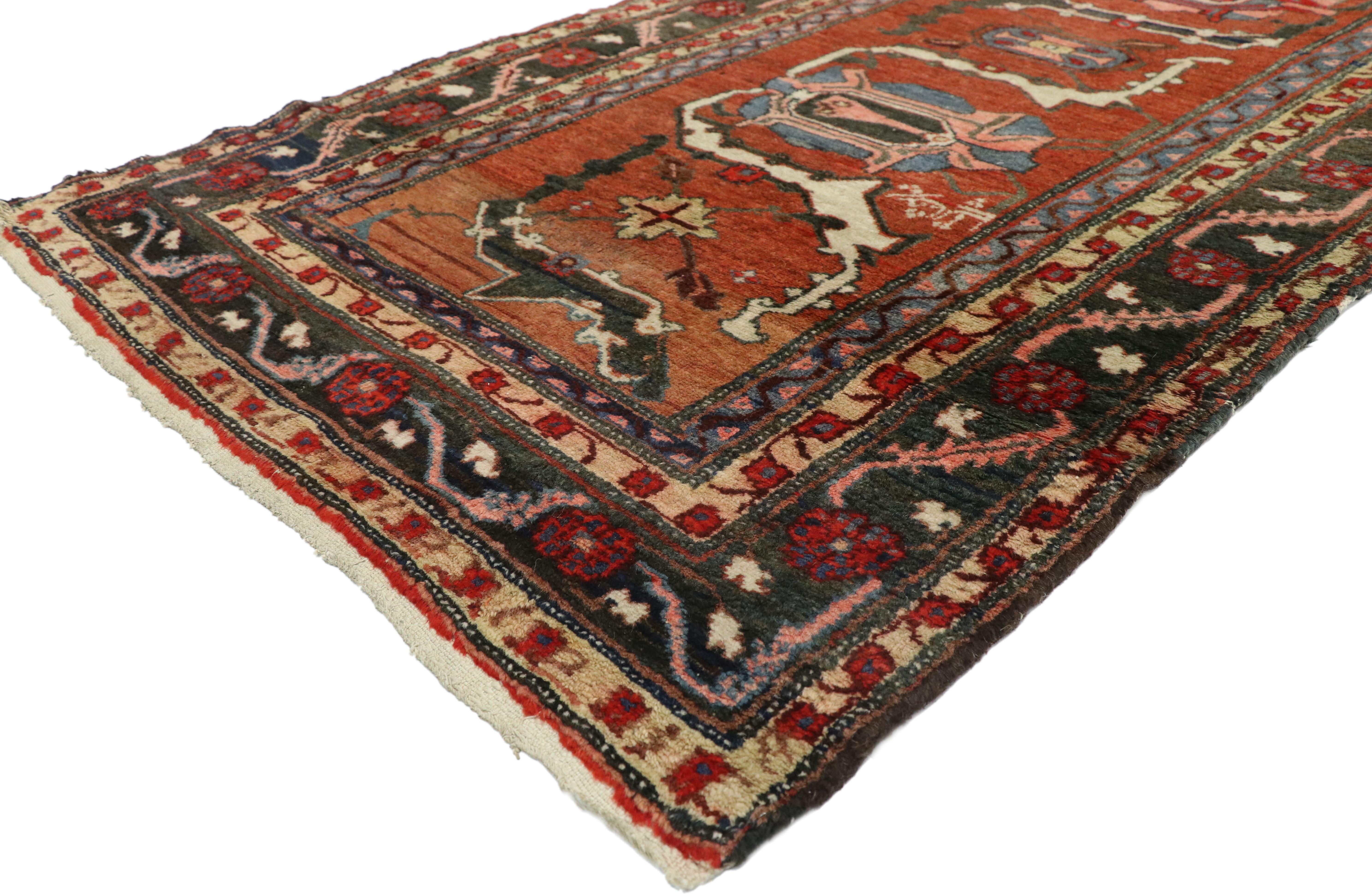 73248, distressed antique Persian Hamadan runner with Industrial Jacobean style. The harmony of time-softened colors combined with a large-scale meander palmette design in this distressed antique Persian Hamadan runner creates an unforgettable