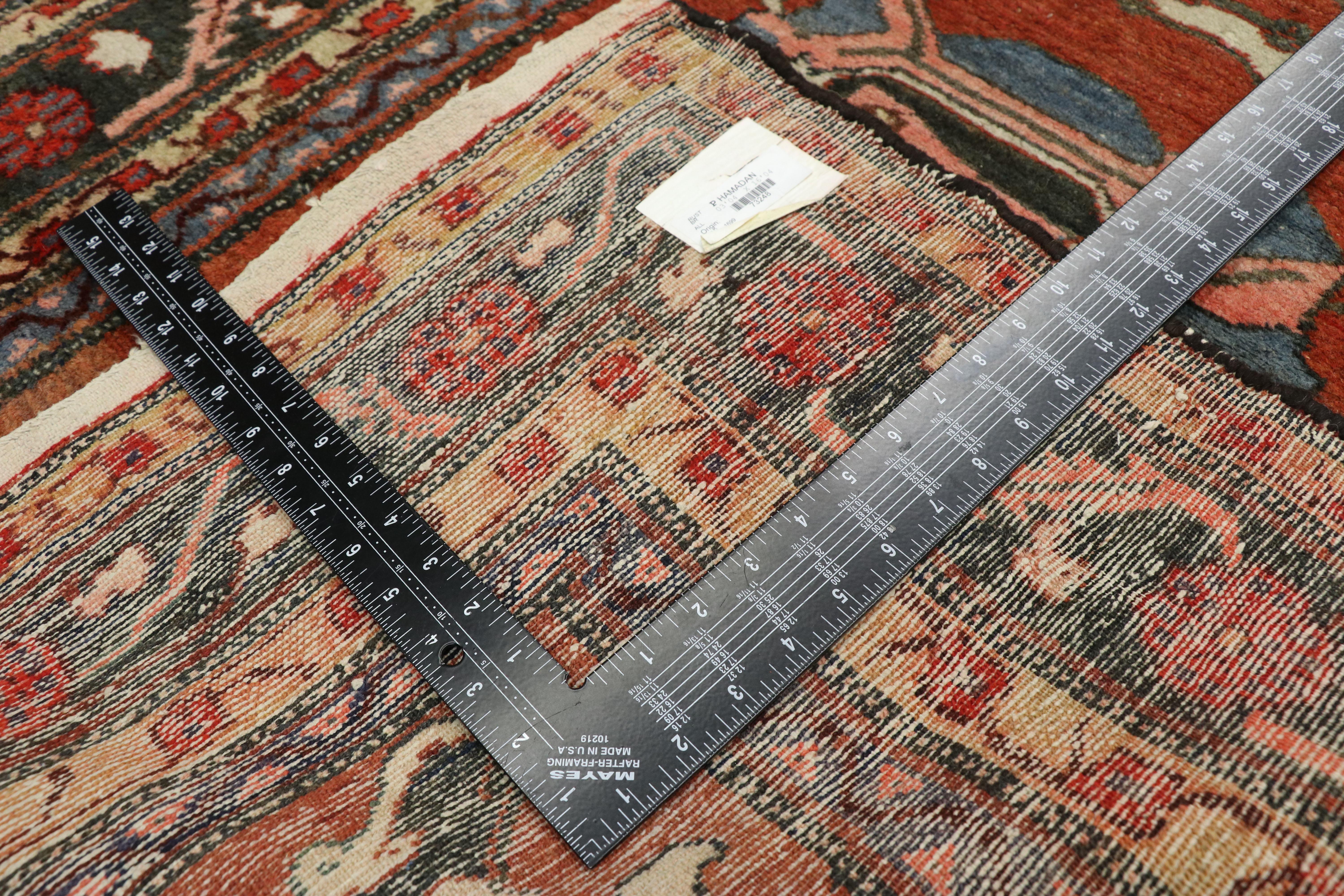 Distressed Antique Persian Hamadan Runner with Industrial Jacobean Style In Distressed Condition For Sale In Dallas, TX
