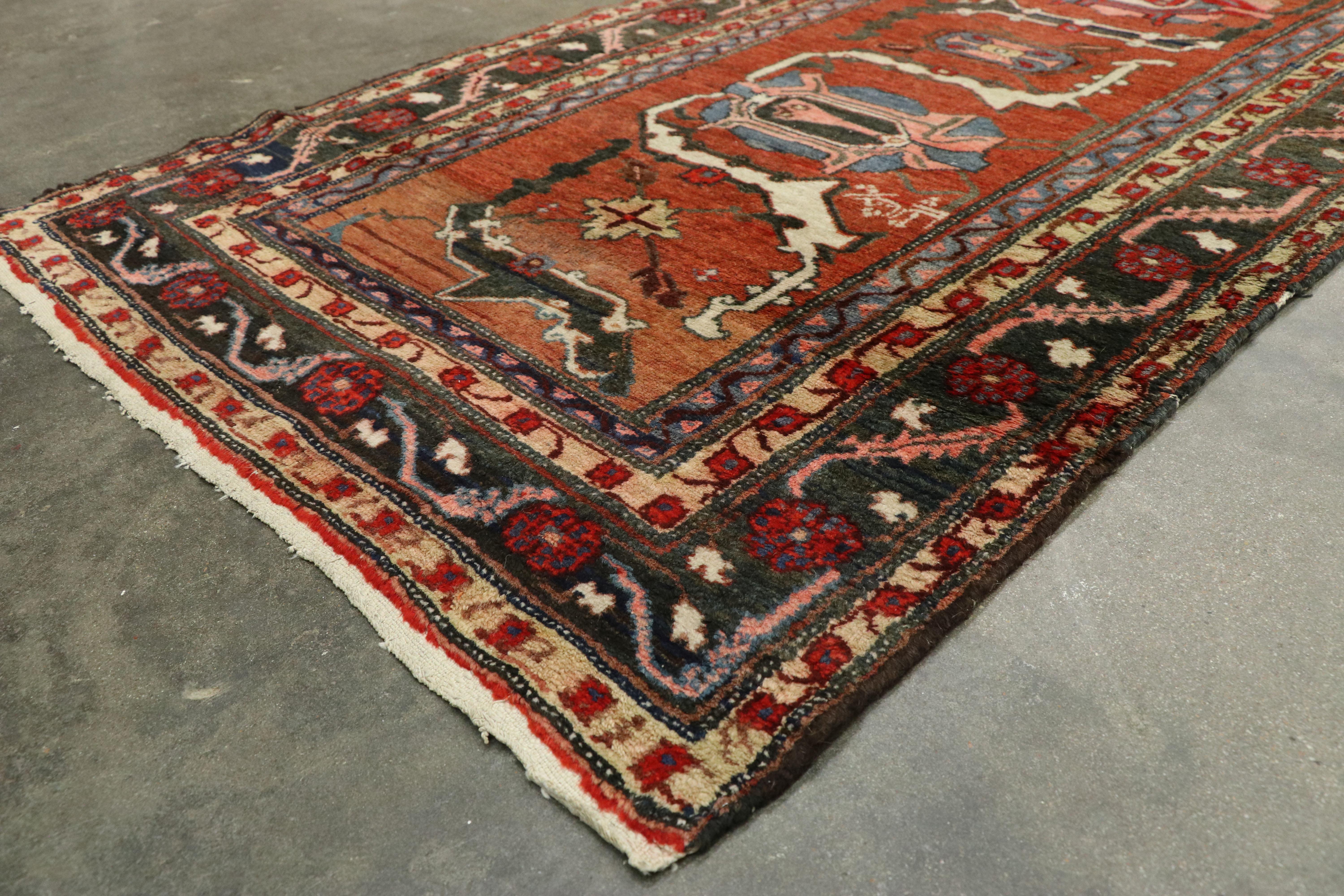 20th Century Distressed Antique Persian Hamadan Runner with Industrial Jacobean Style For Sale