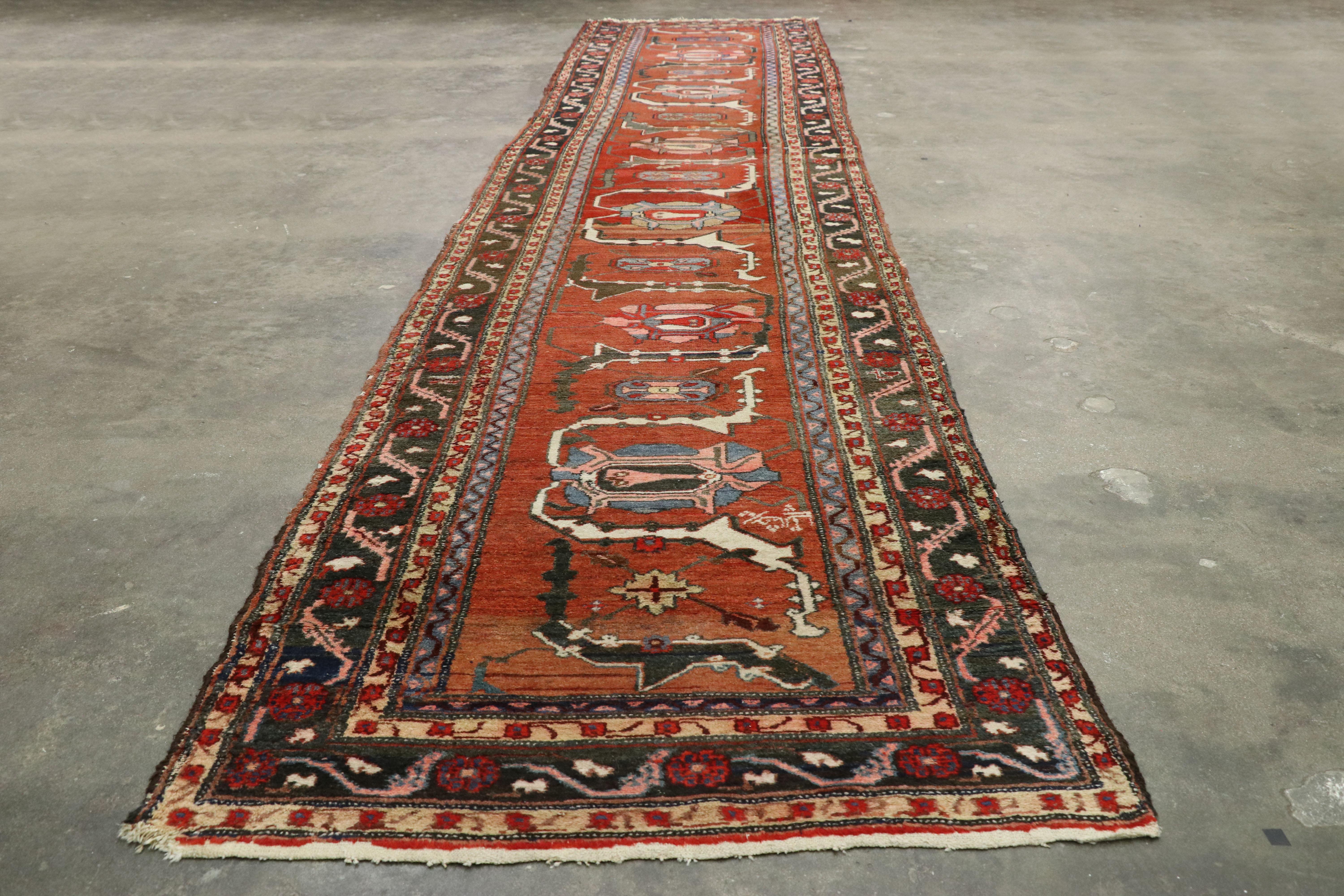 Wool Distressed Antique Persian Hamadan Runner with Industrial Jacobean Style For Sale