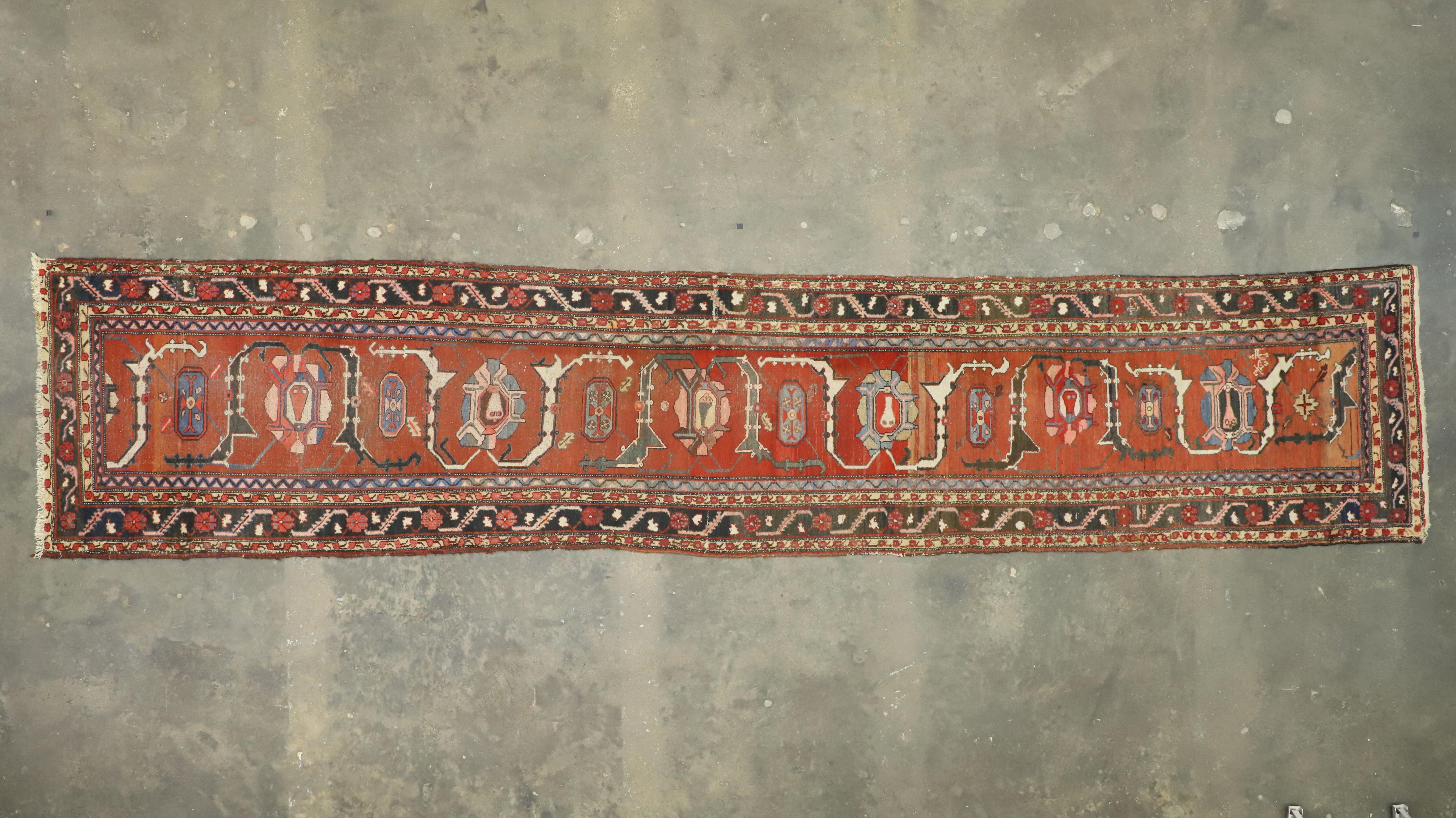 Distressed Antique Persian Hamadan Runner with Industrial Jacobean Style For Sale 1