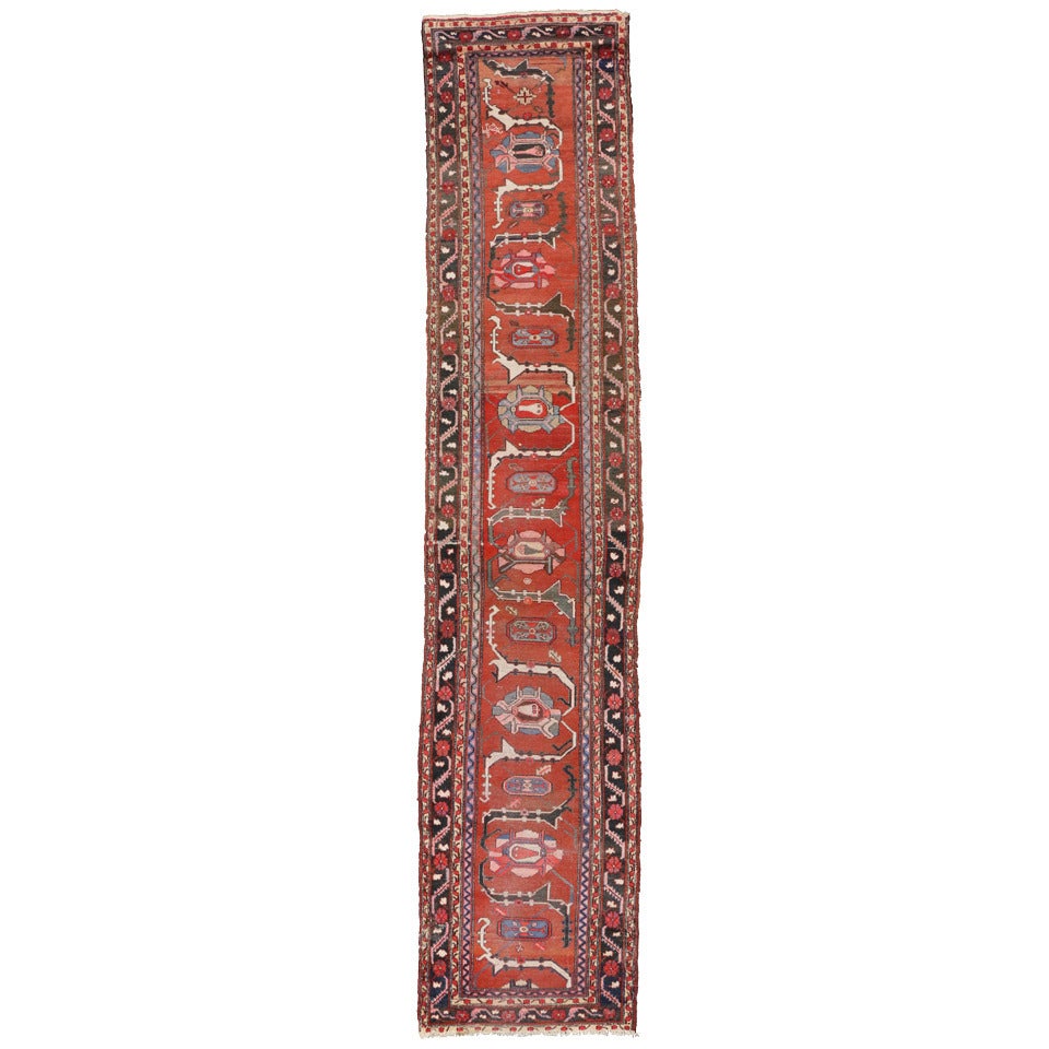 Distressed Antique Persian Hamadan Runner with Industrial Jacobean Style For Sale 2