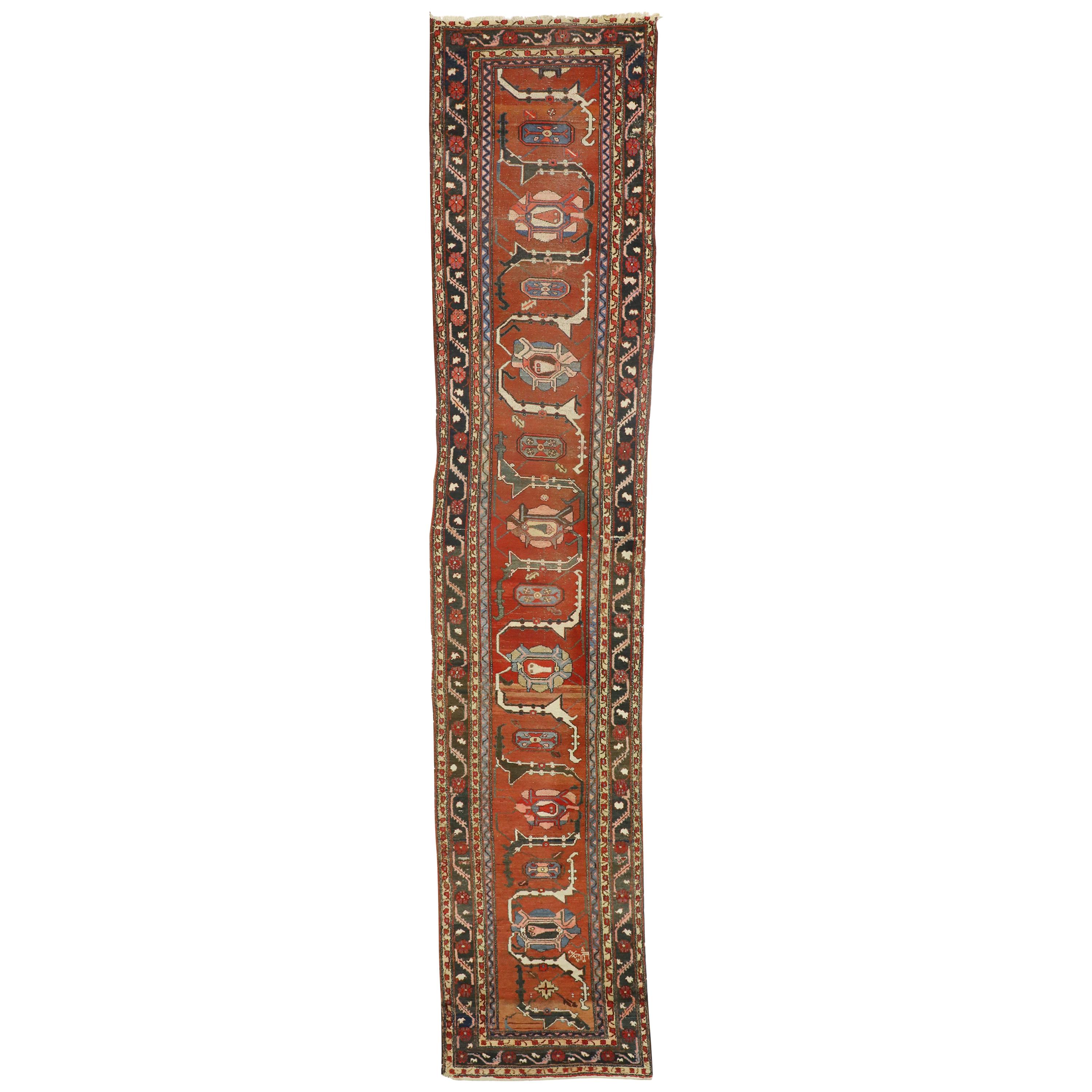 Distressed Antique Persian Hamadan Runner with Industrial Jacobean Style For Sale