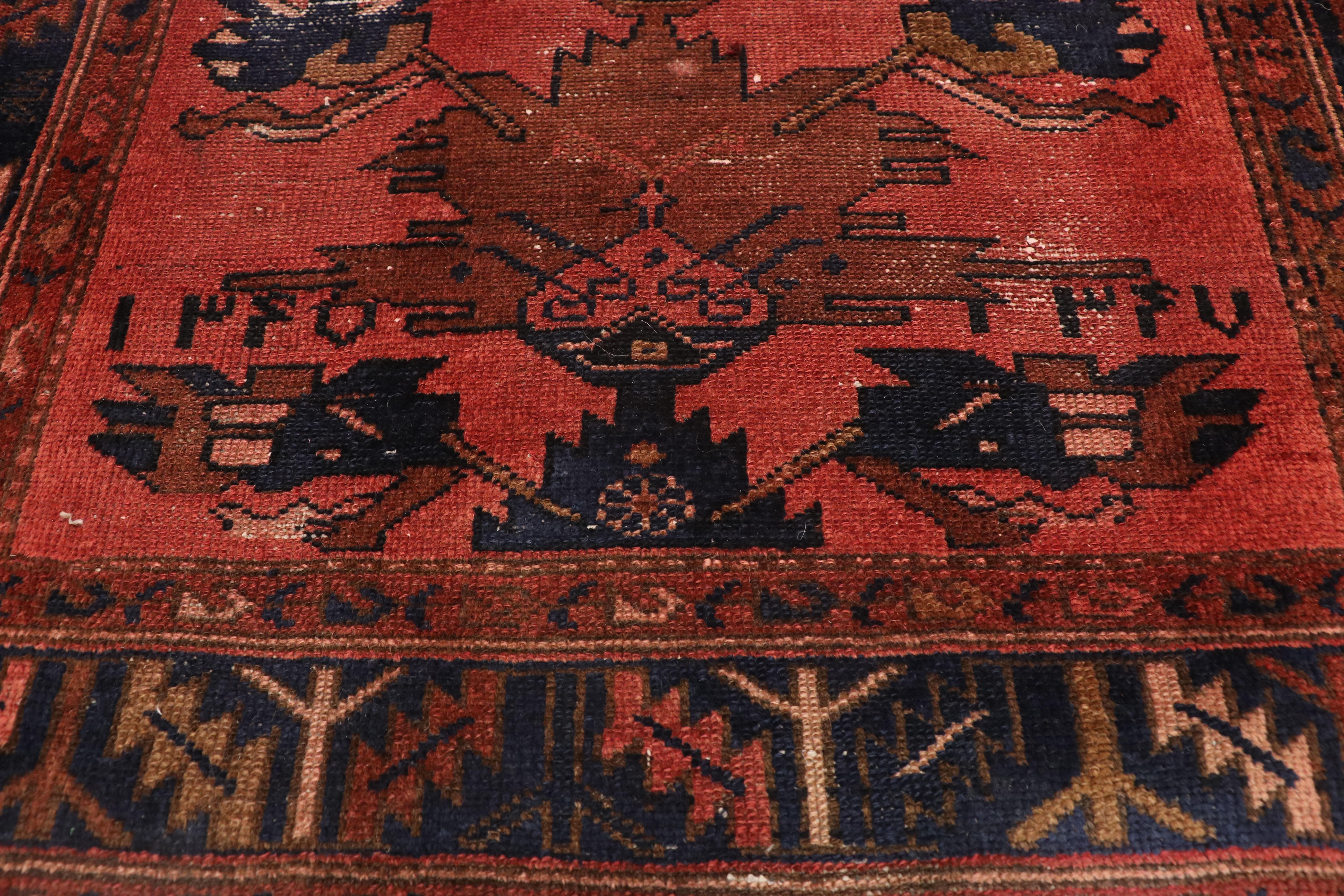 Hand-Knotted Distressed Antique Persian Hamadan Runner with Rustic English Manor Tudor Style For Sale