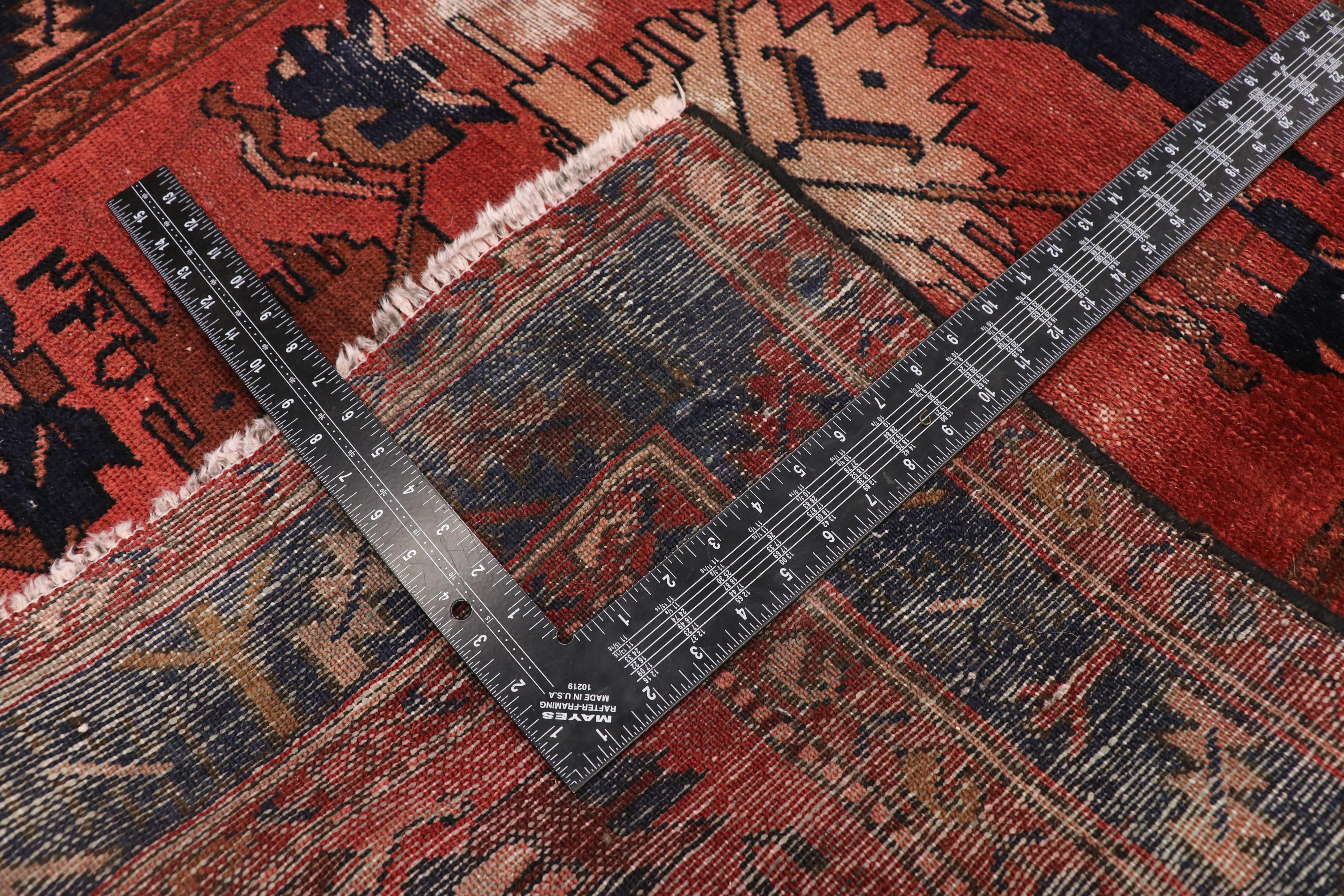 Distressed Antique Persian Hamadan Runner with Rustic English Manor Tudor Style In Distressed Condition For Sale In Dallas, TX