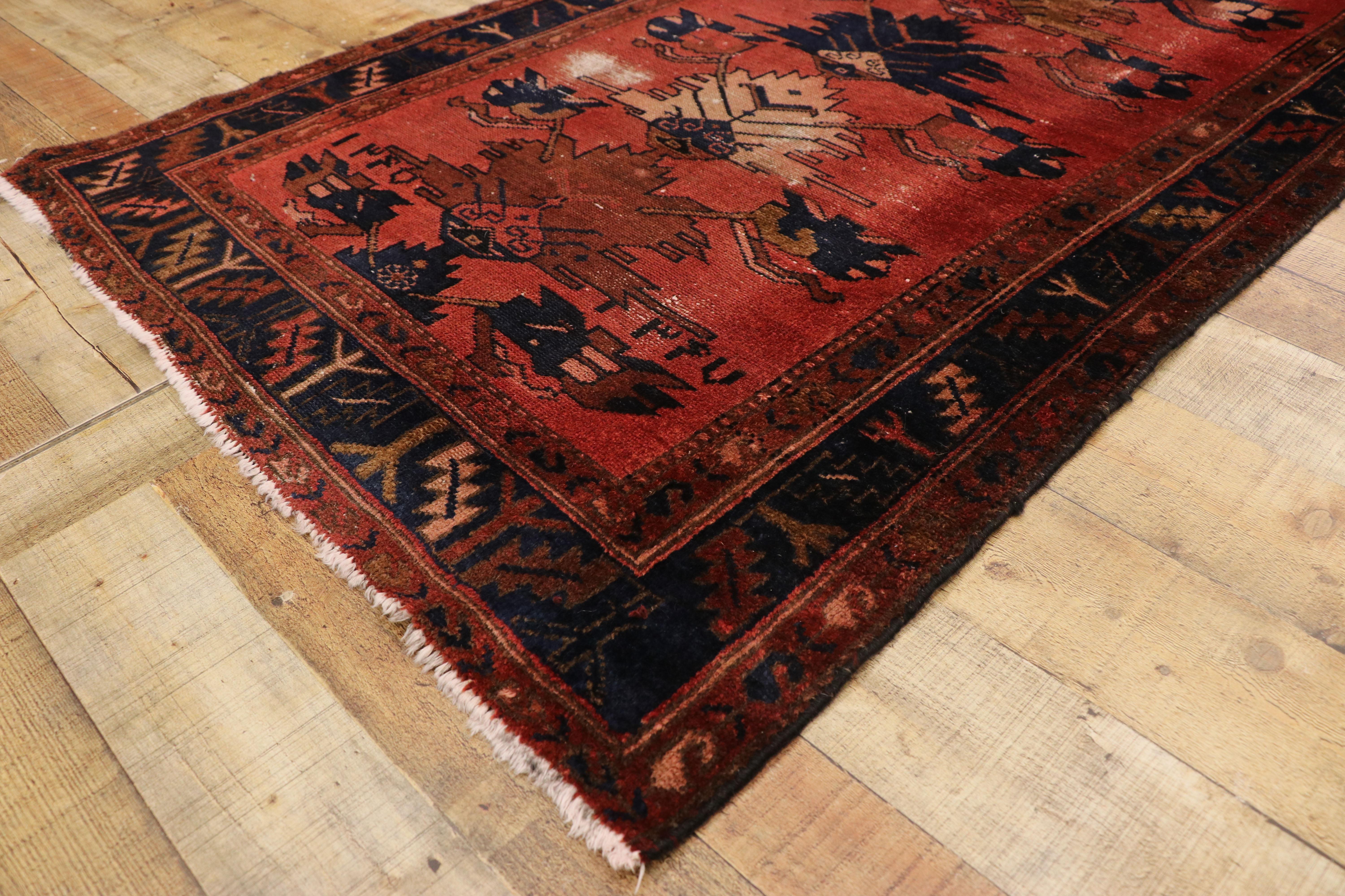 20th Century Distressed Antique Persian Hamadan Runner with Rustic English Manor Tudor Style For Sale