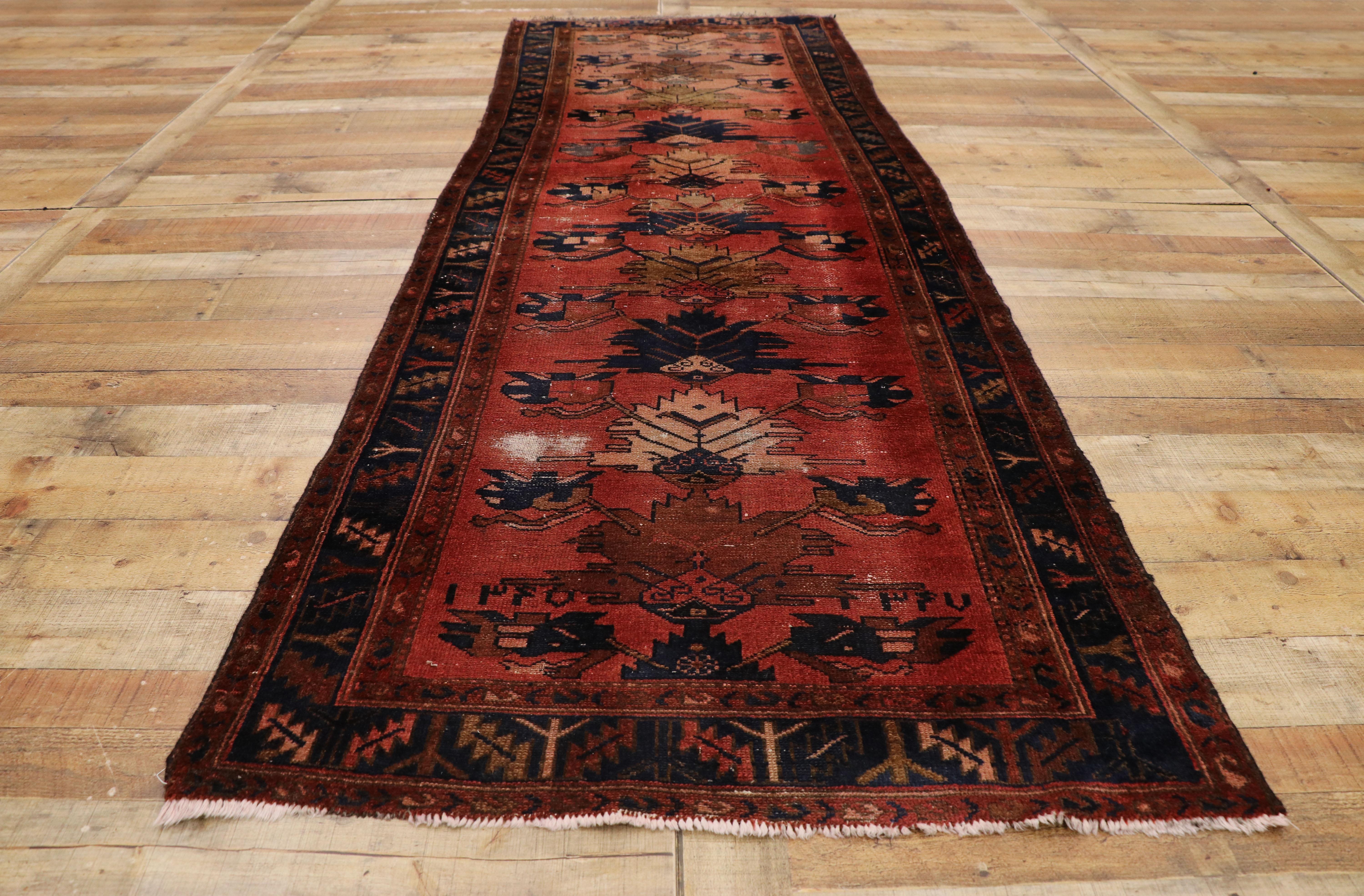 Wool Distressed Antique Persian Hamadan Runner with Rustic English Manor Tudor Style For Sale