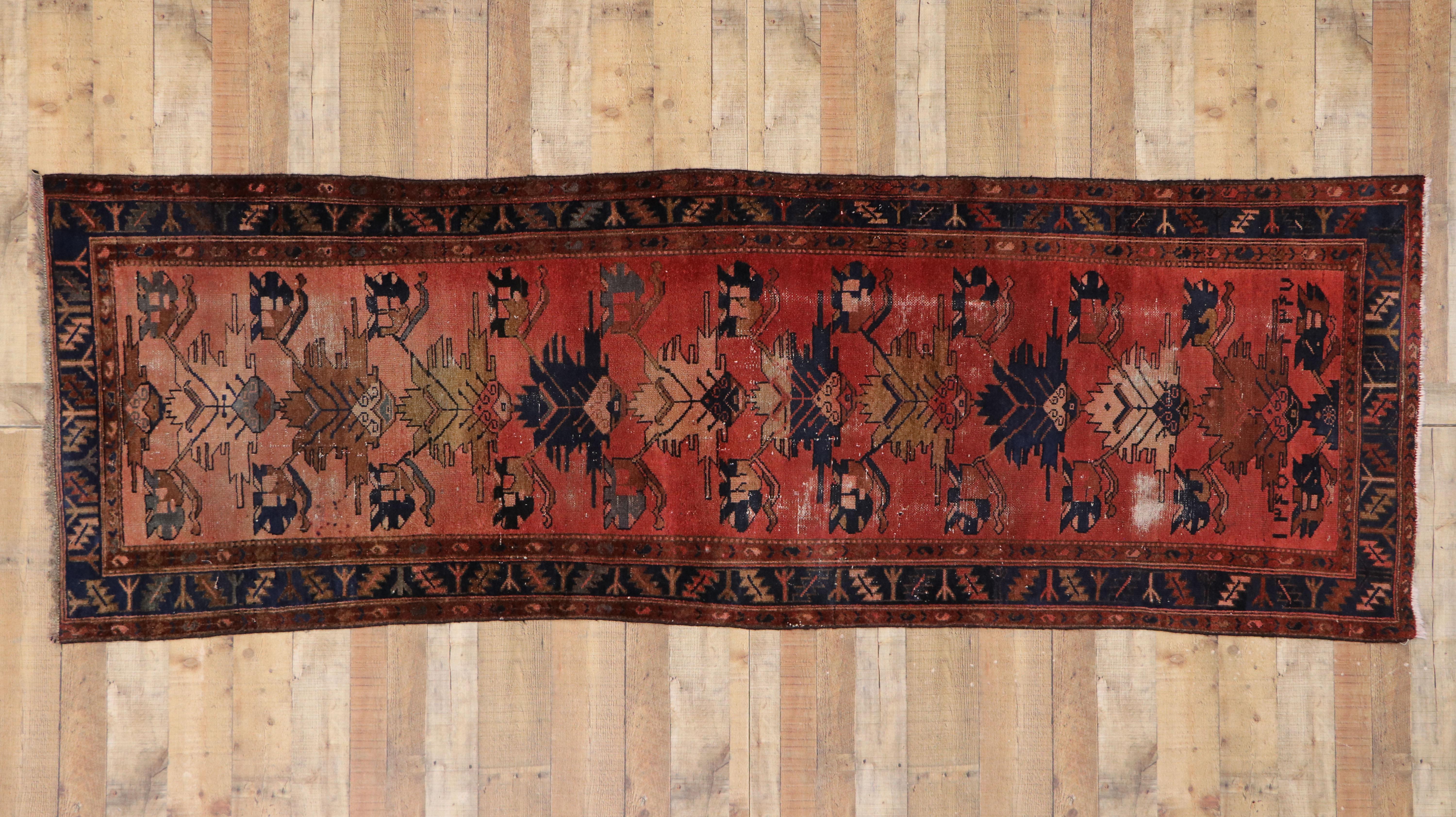 Distressed Antique Persian Hamadan Runner with Rustic English Manor Tudor Style For Sale 1