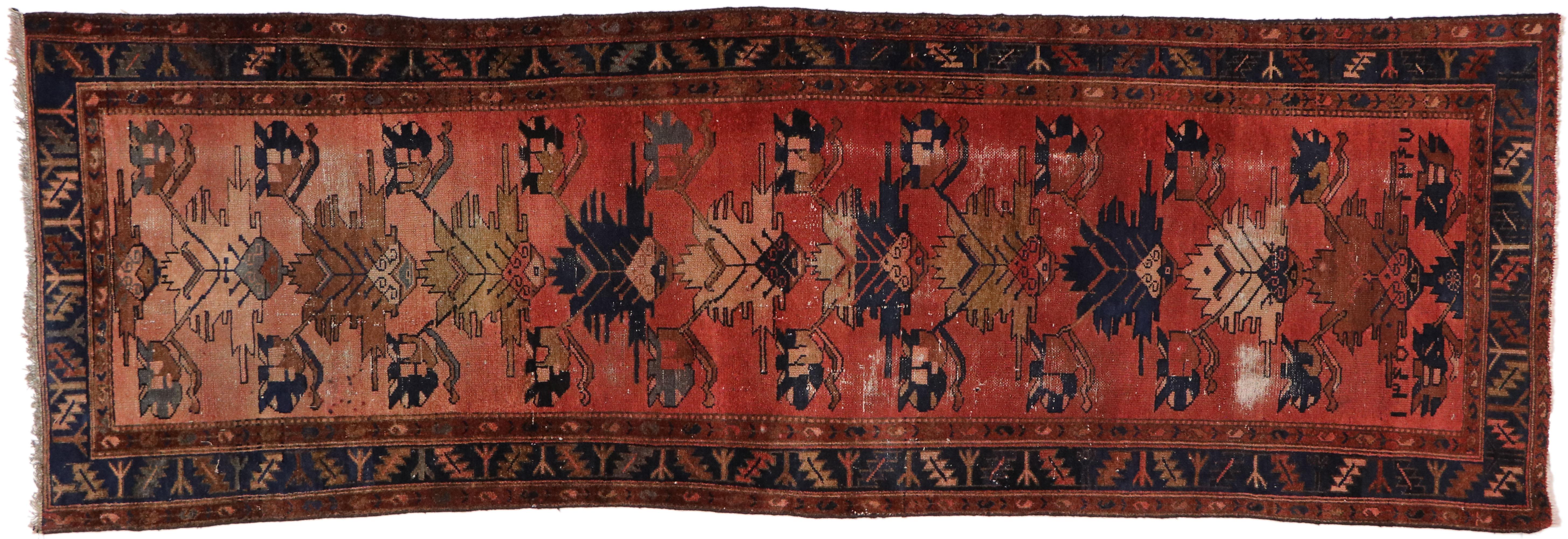 Distressed Antique Persian Hamadan Runner with Rustic English Manor Tudor Style For Sale 2