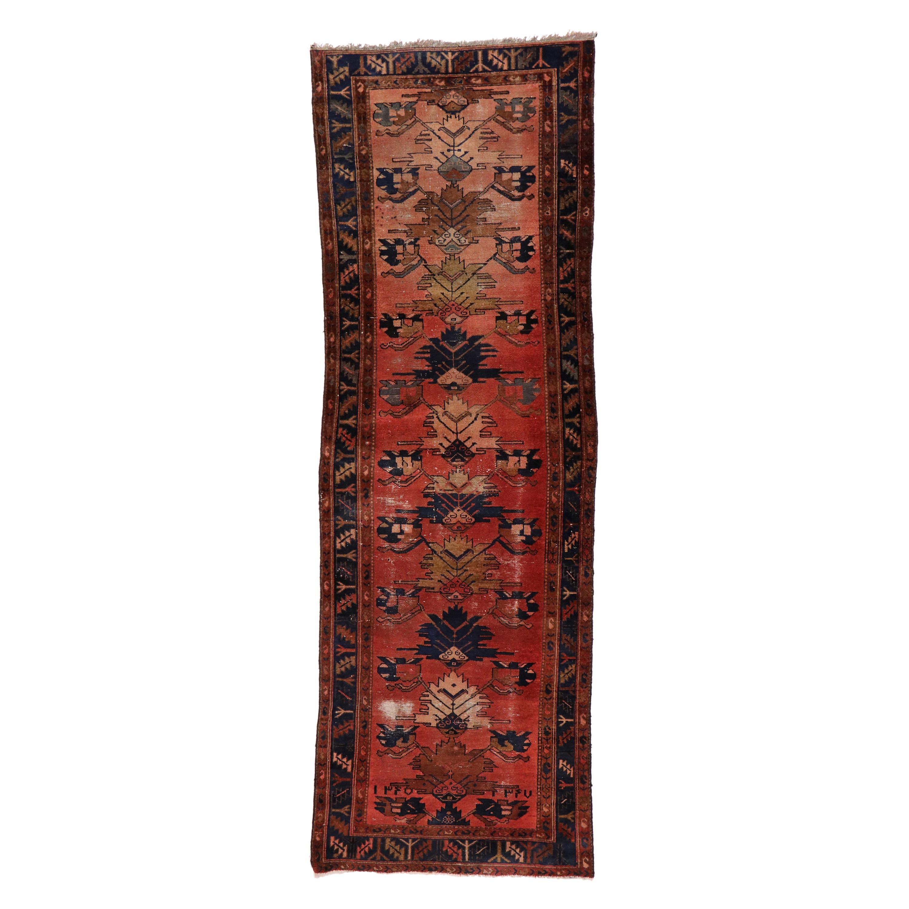 Distressed Antique Persian Hamadan Runner with Rustic English Manor Tudor Style