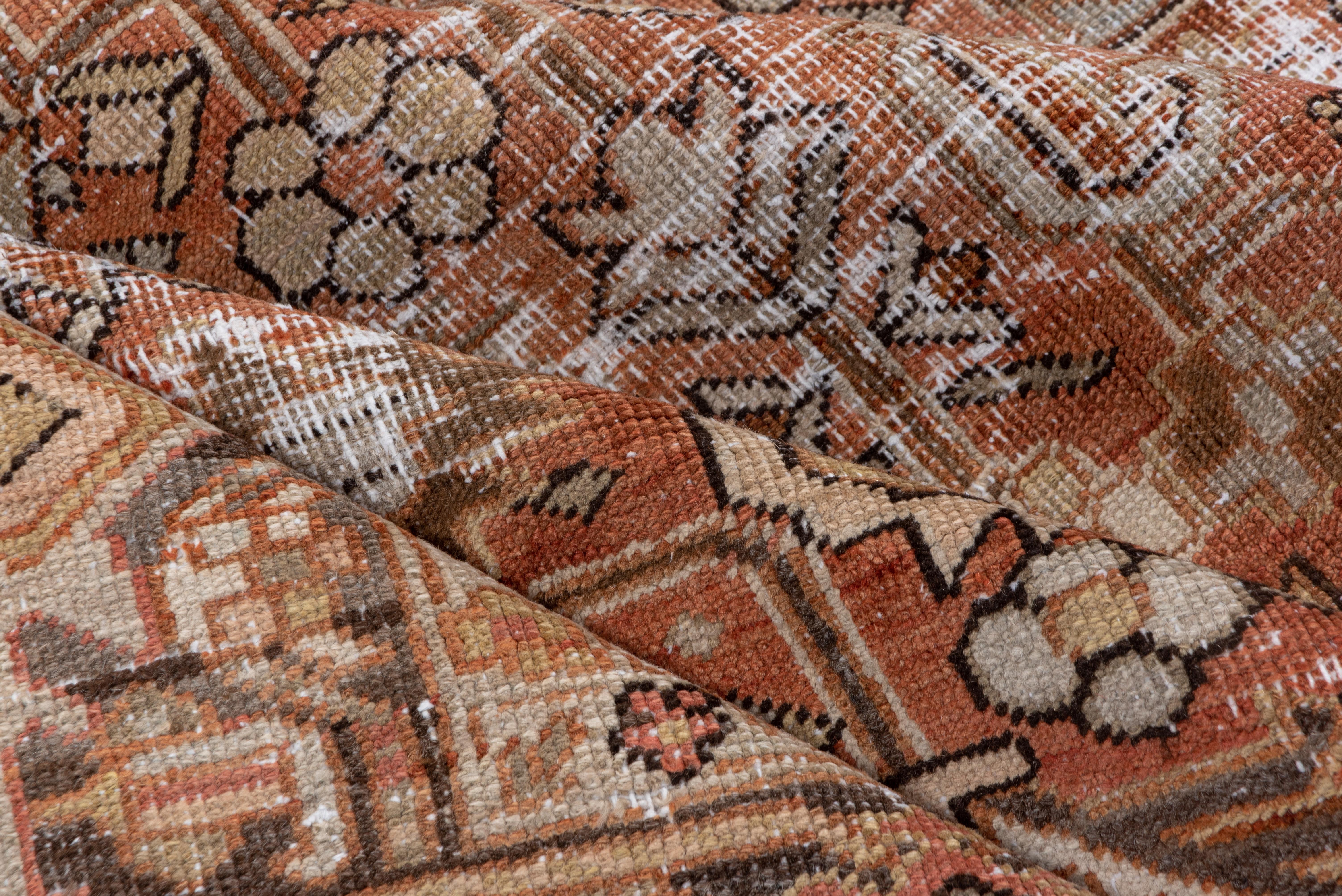 Spot distressed, this NW Persian rustic carpet shows a rust field with a varied leaf pattern: curled, straight, bent, serrated and fringed. Abrashed green gray border and green field details.