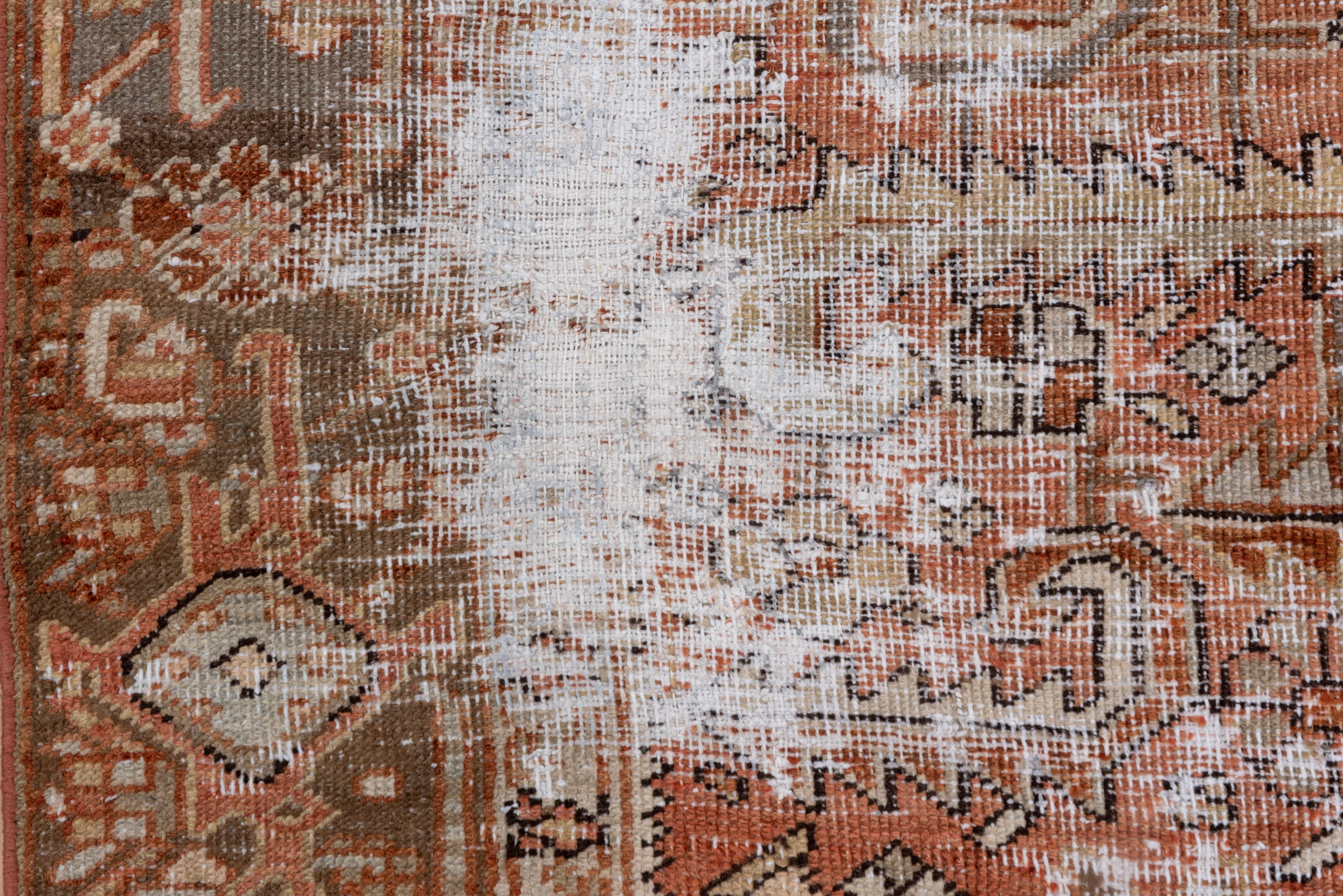 Hand-Knotted Distressed Antique Persian Heriz Carpet, Rust Field, Dark Gray Borders For Sale