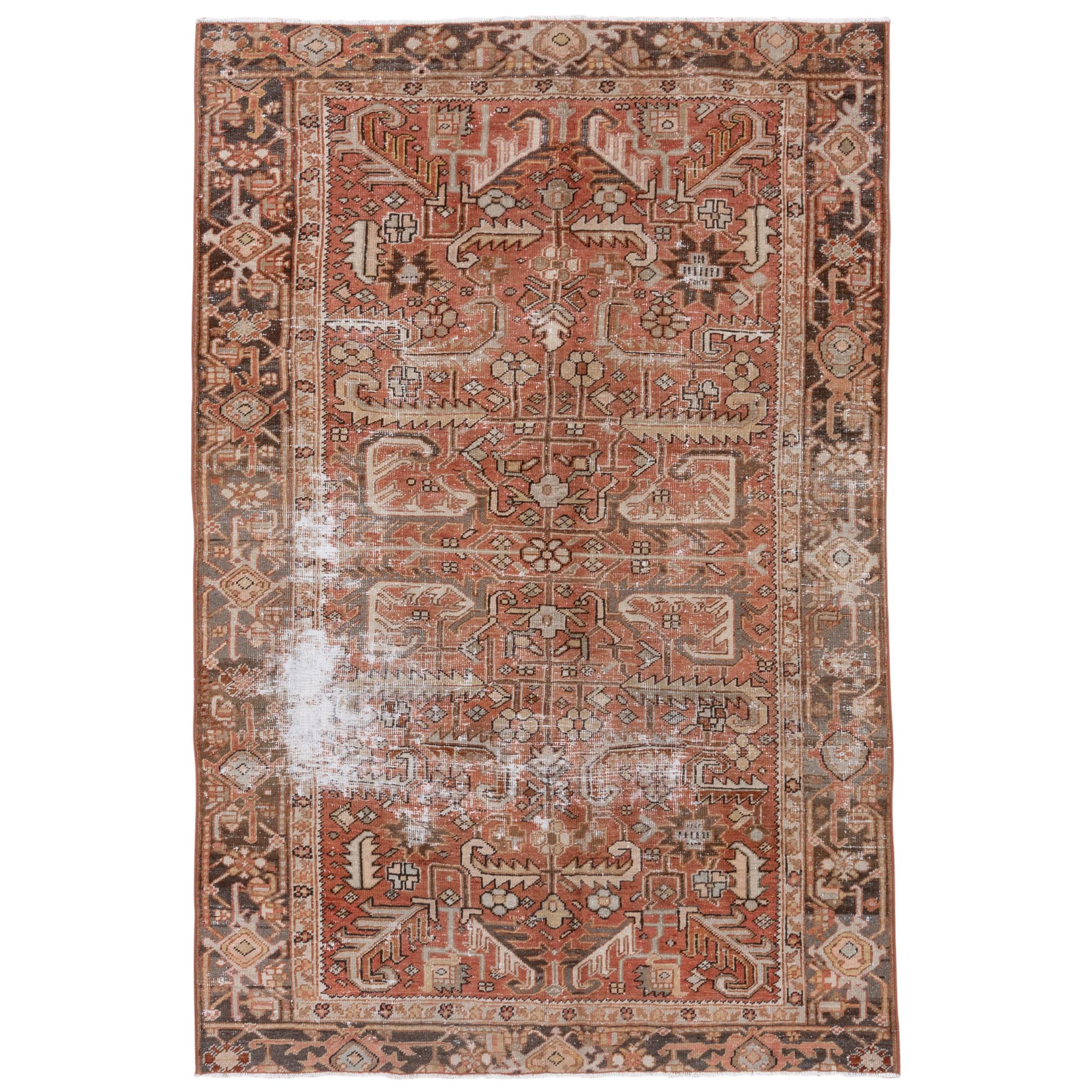 Distressed Antique Persian Heriz Carpet, Rust Field, Dark Gray Borders