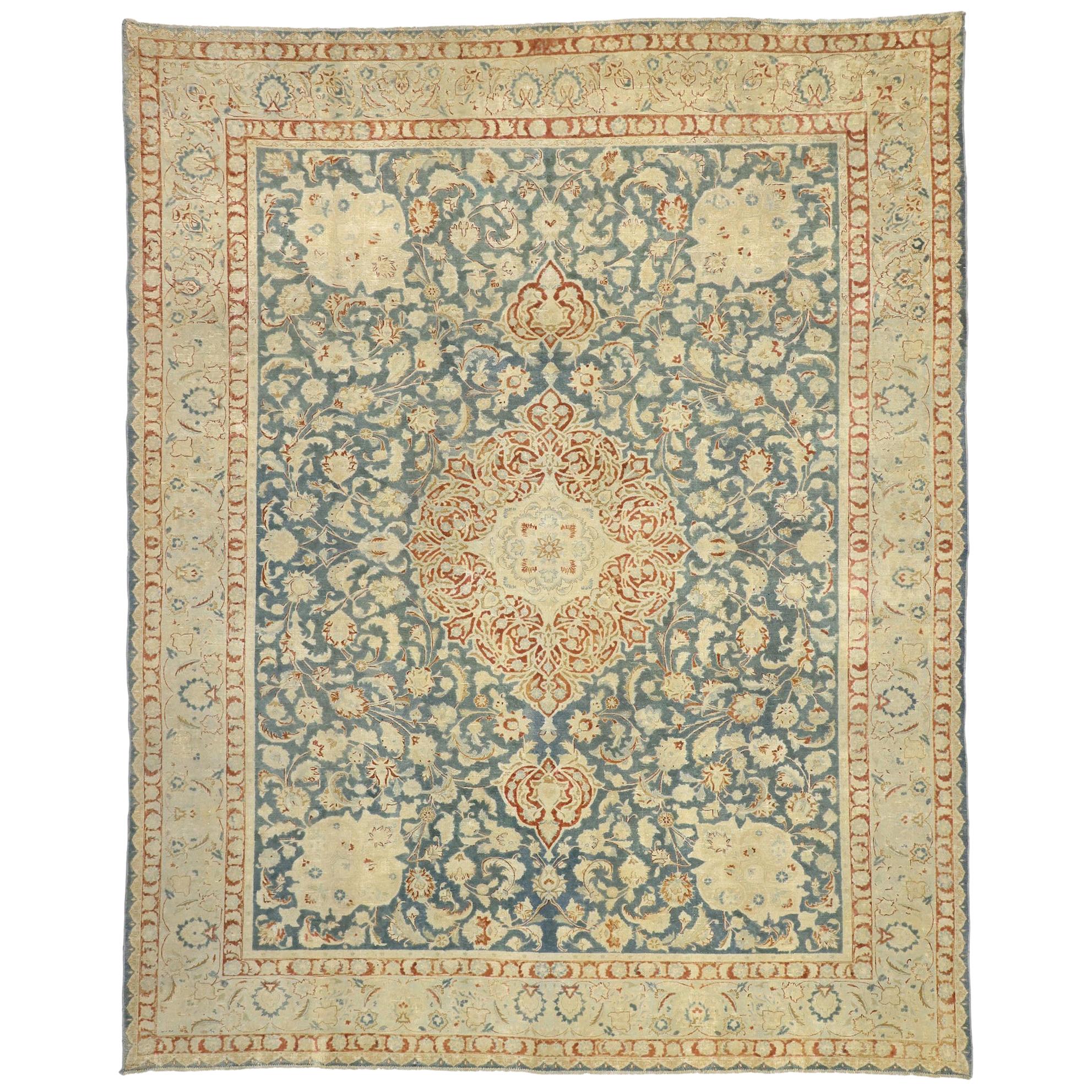 Distressed Antique Persian Heriz Design Rug with English Chintz Rustic Style