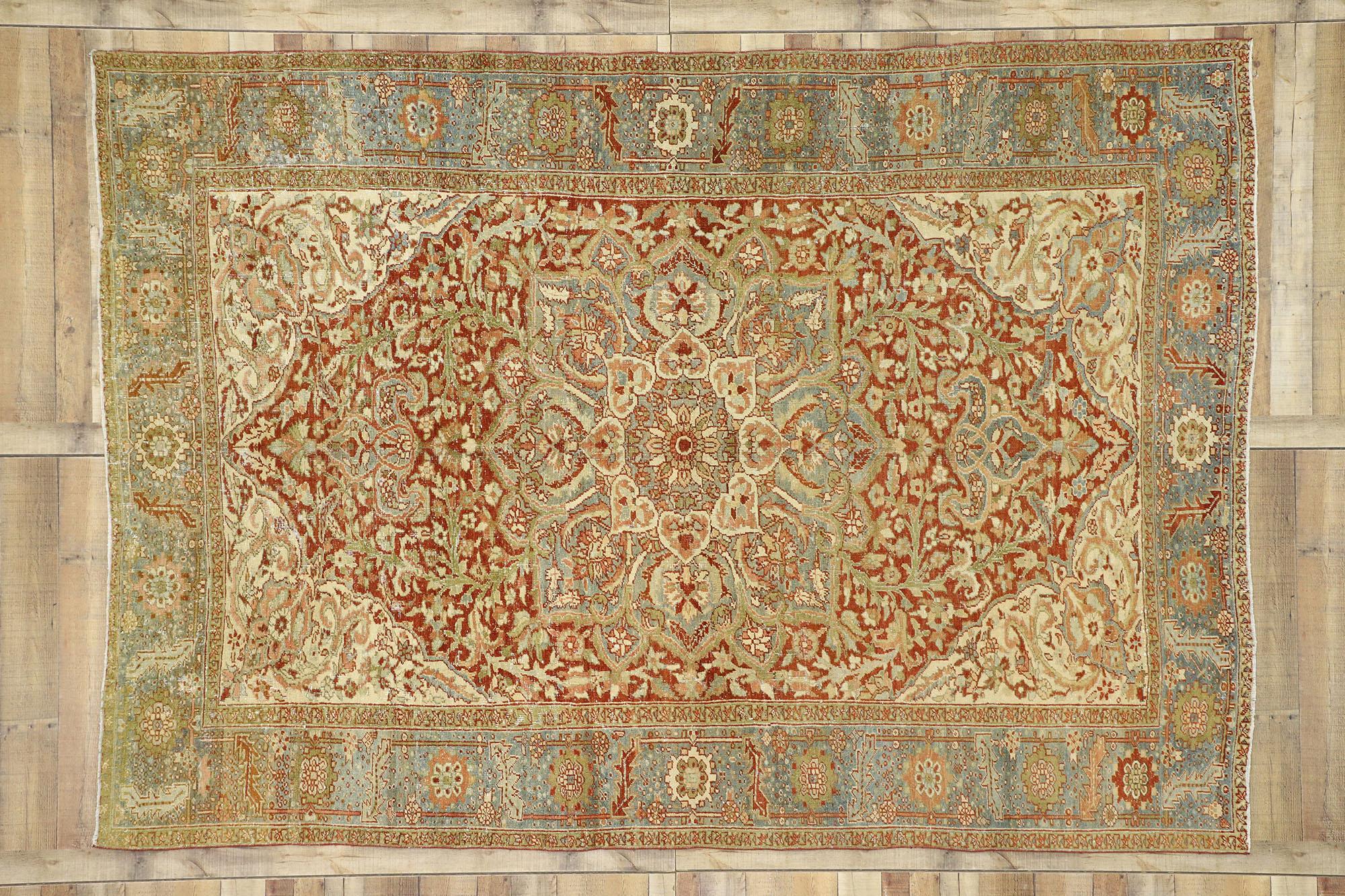 Hand-Knotted Distressed Antique Persian Heriz Design Rug with Rustic Artisan Cottage Style For Sale