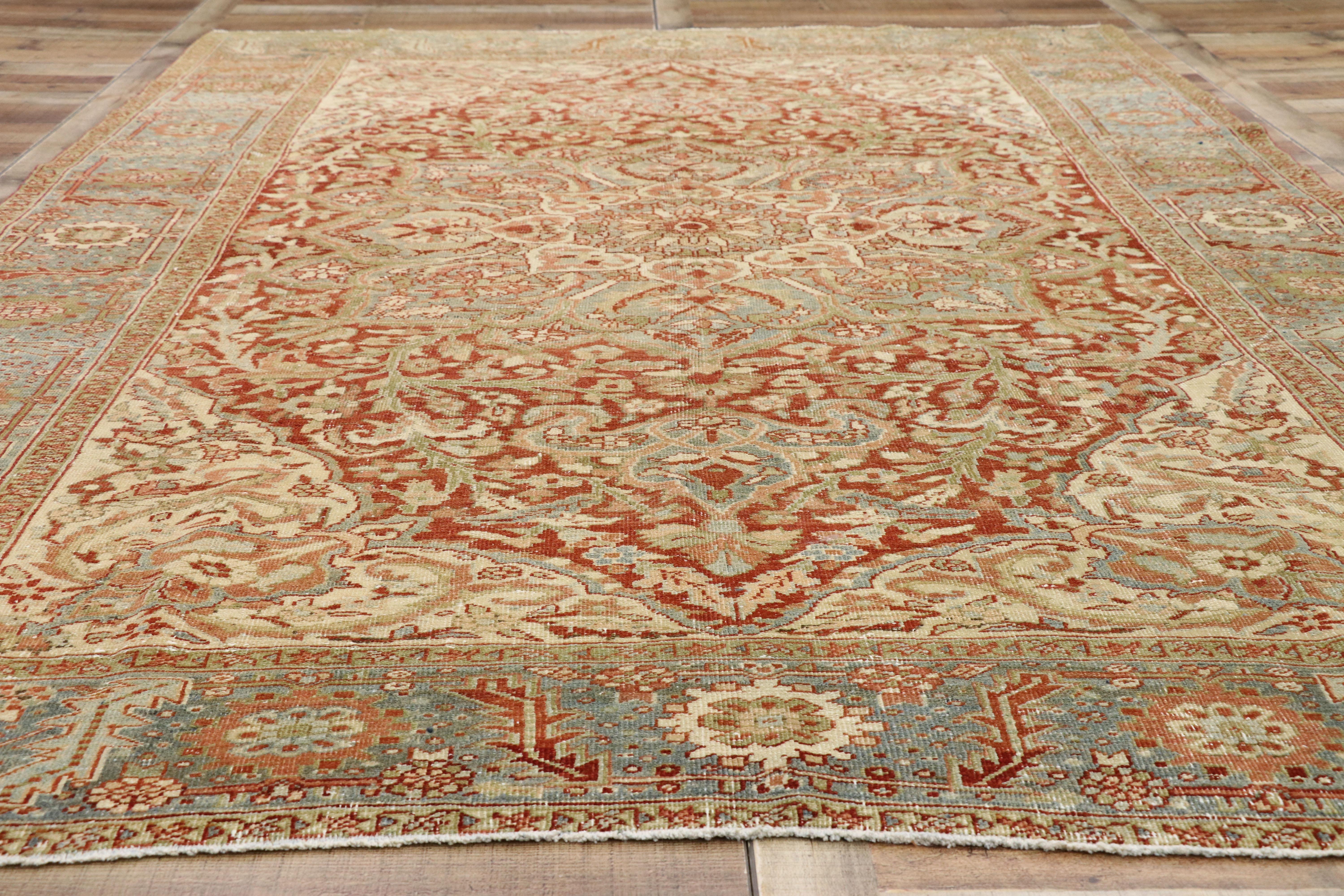 20th Century Distressed Antique Persian Heriz Design Rug with Rustic Artisan Cottage Style For Sale