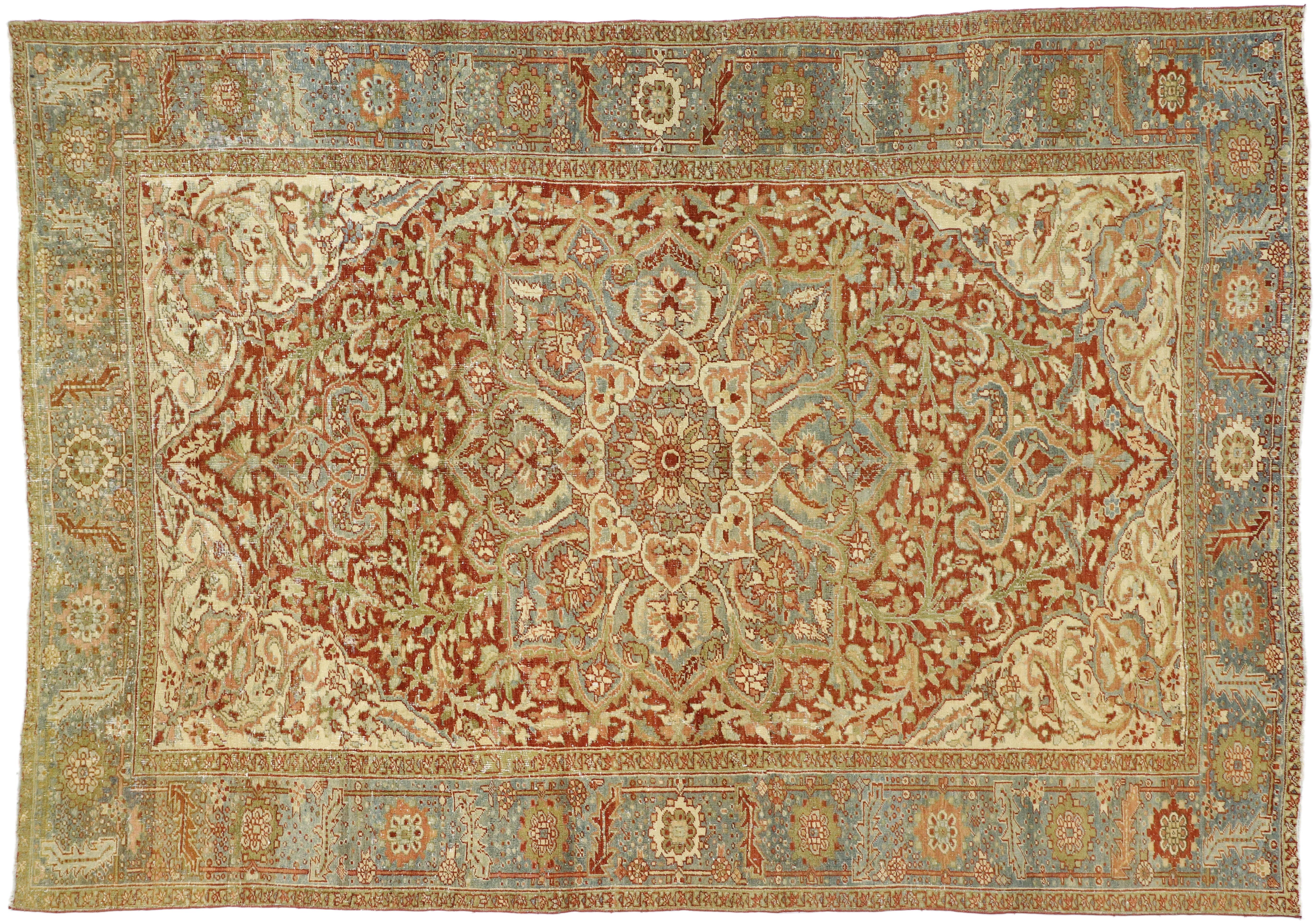 Wool Distressed Antique Persian Heriz Design Rug with Rustic Artisan Cottage Style For Sale