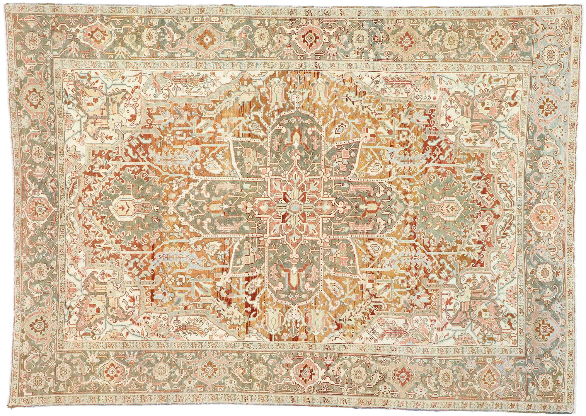 Antique Persian Heriz Design Rug with Rustic Arts & Crafts Style In Distressed Condition For Sale In Dallas, TX