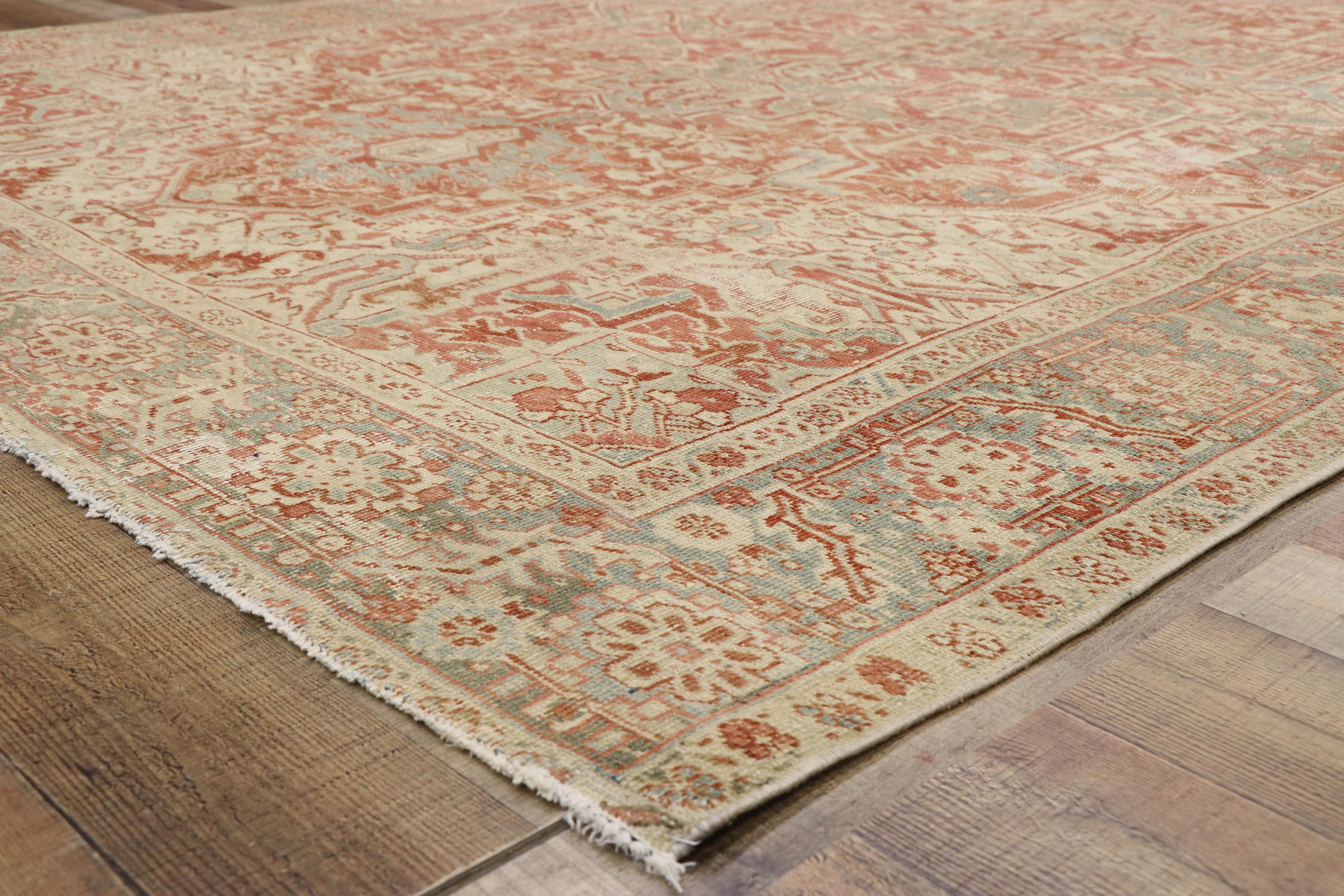 Distressed Antique Persian Heriz Design Rug with Rustic Bungalow Style In Distressed Condition For Sale In Dallas, TX