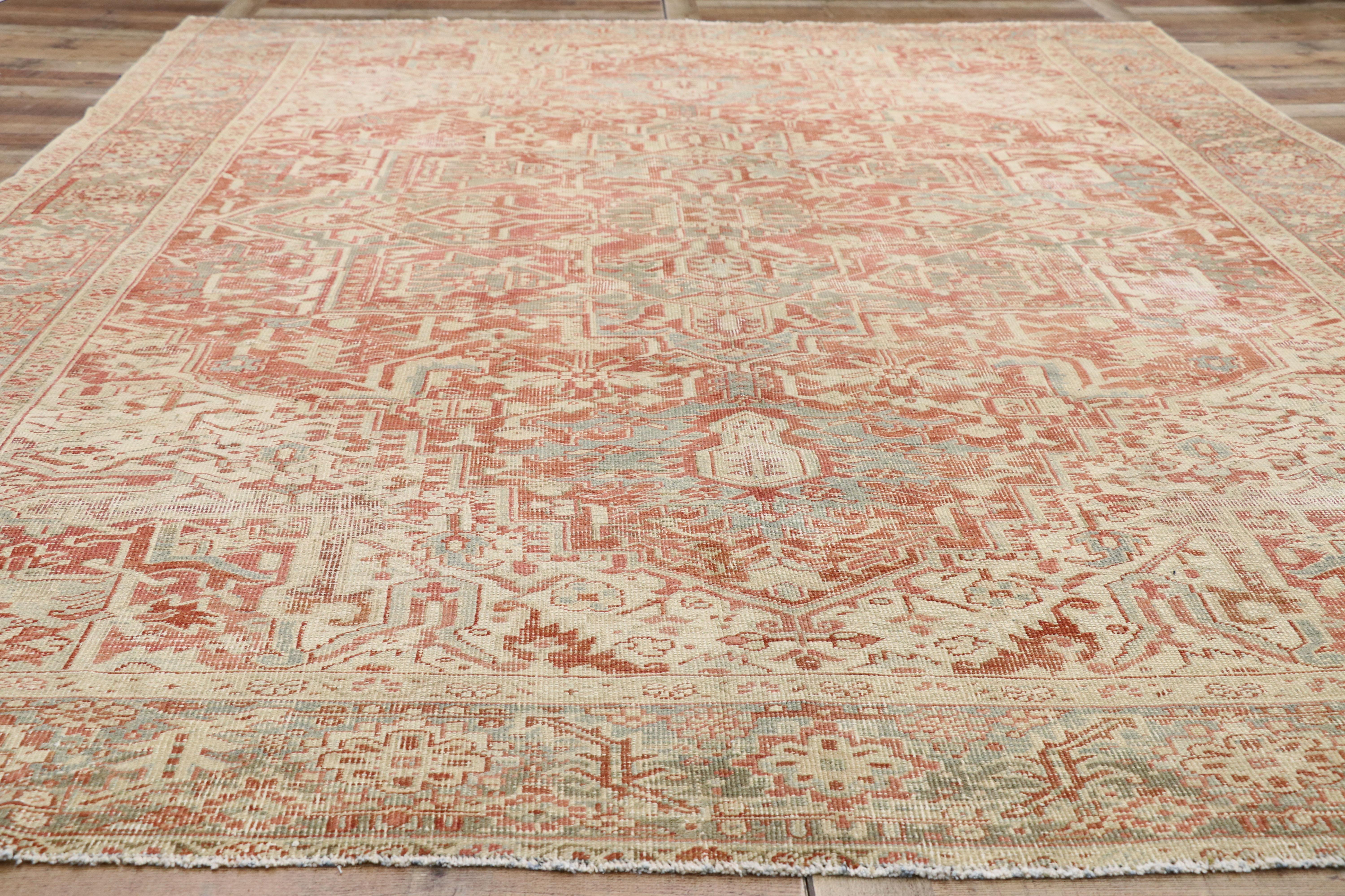 20th Century Distressed Antique Persian Heriz Design Rug with Rustic Bungalow Style For Sale