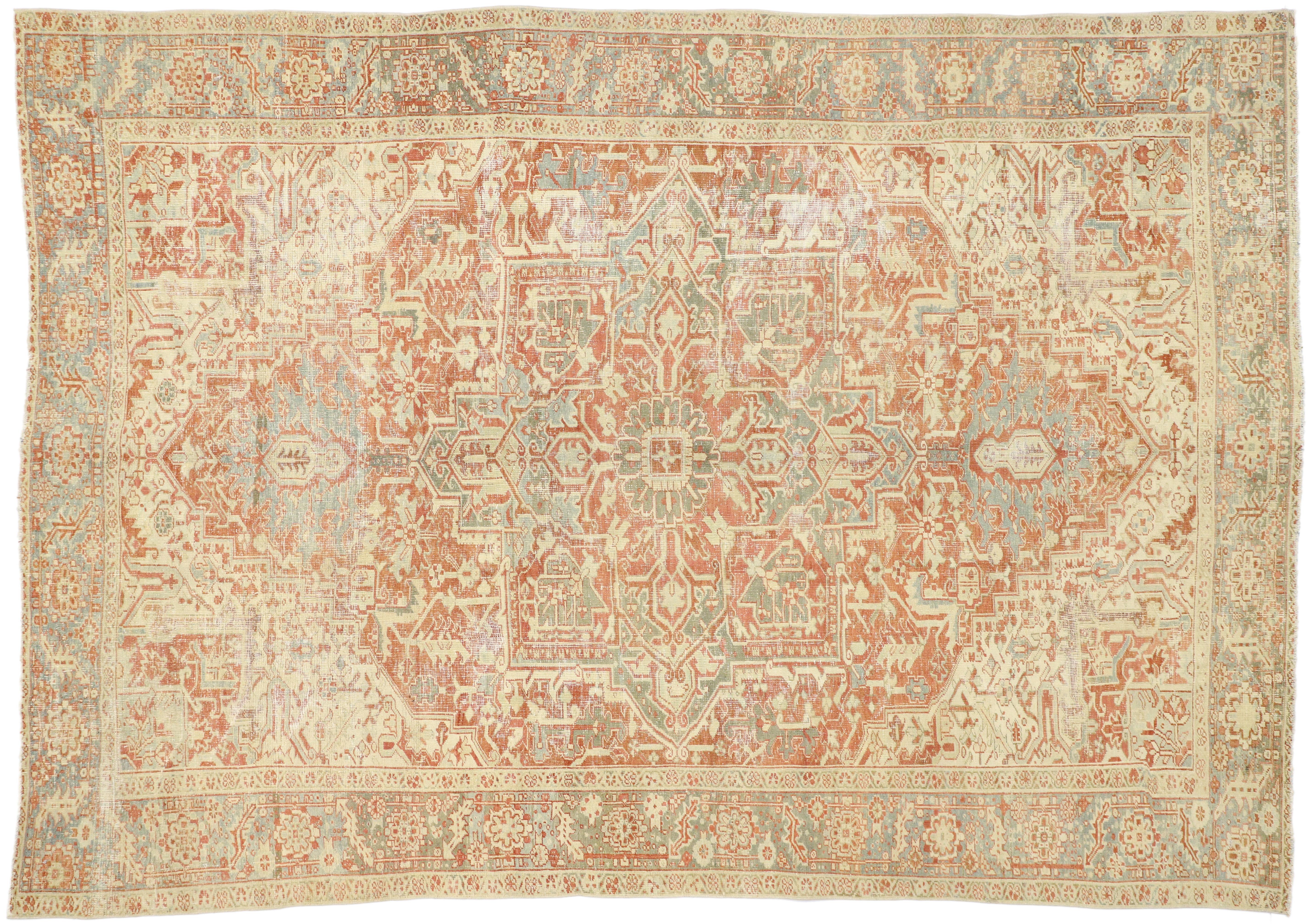 Distressed Antique Persian Heriz Design Rug with Rustic Bungalow Style For Sale 1