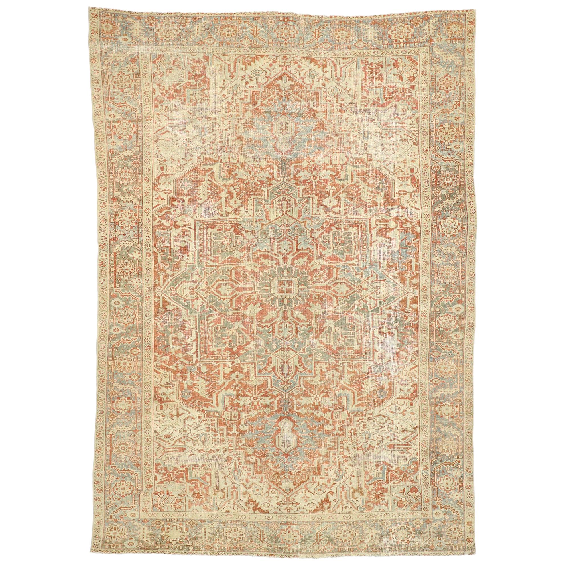 Distressed Antique Persian Heriz Design Rug with Rustic Bungalow Style For Sale