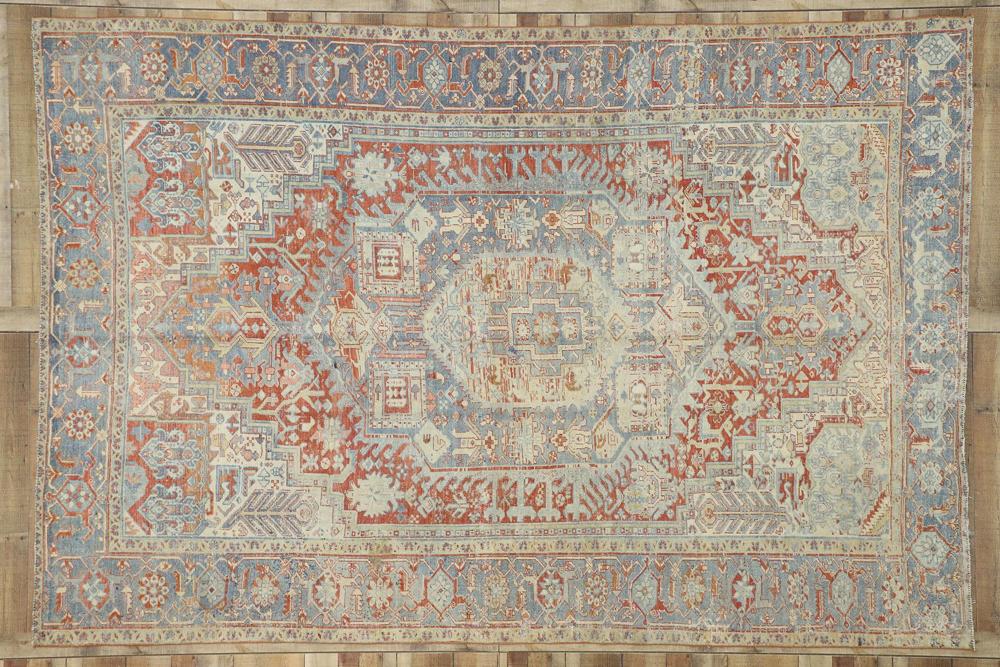 52636 distressed antique Persian Heriz Design rug with Rustic English Tudor style. With timeless appeal, refined colors, and architectural design elements, this hand knotted wool distressed antique Persian Heriz design rug can beautifully blend