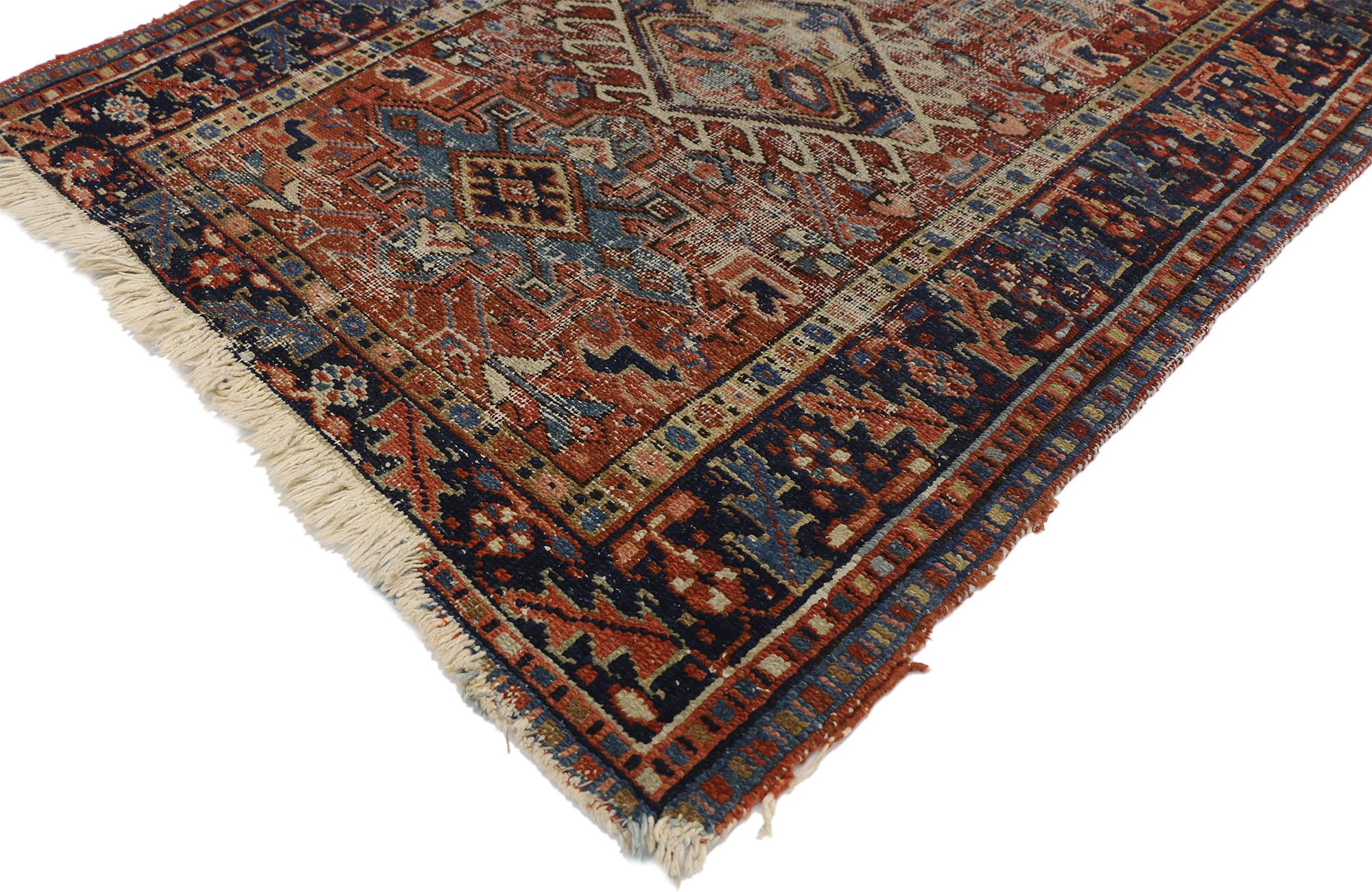 77244, distressed antique Persian Heriz Karaja rug. With architectural biophilia elements combined naturalistic forms, this hand knotted wool distressed antique Persian Heriz rug embodies a rustic Artisan style with MCM vibes. This antique Persian