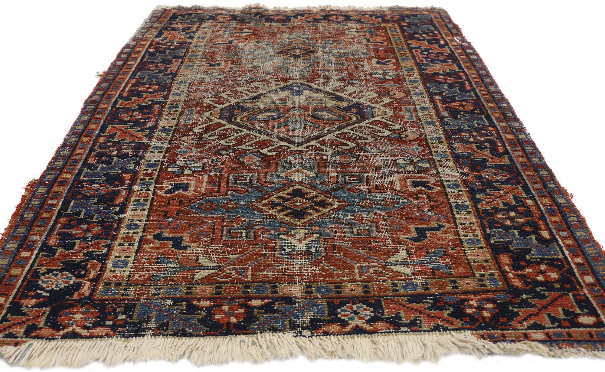 Hand-Knotted Distressed Antique Persian Heriz Karaja Rug with Rustic Artisan Style