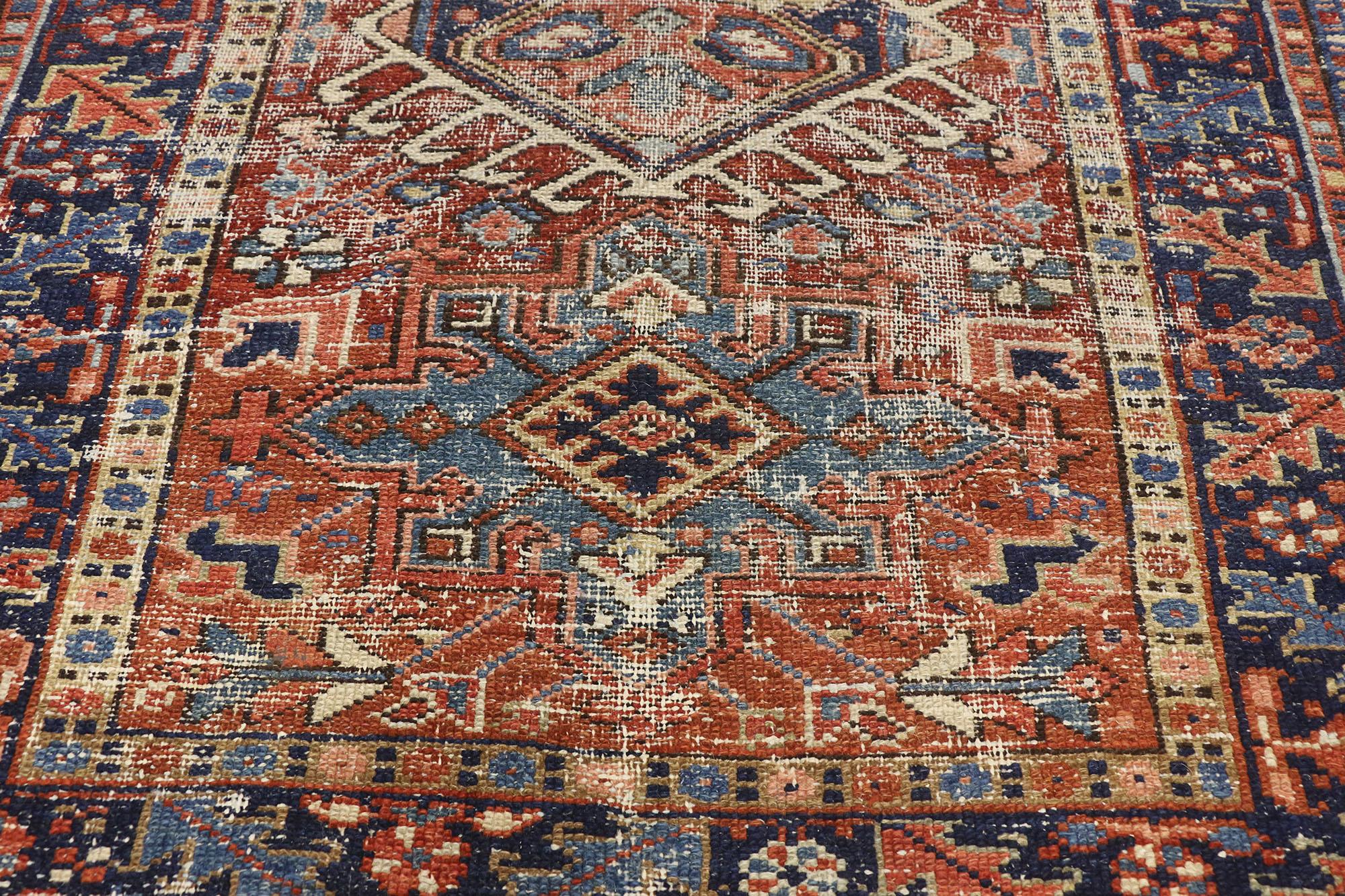 Distressed Antique Persian Heriz Karaja Rug with Rustic Artisan Style In Distressed Condition In Dallas, TX