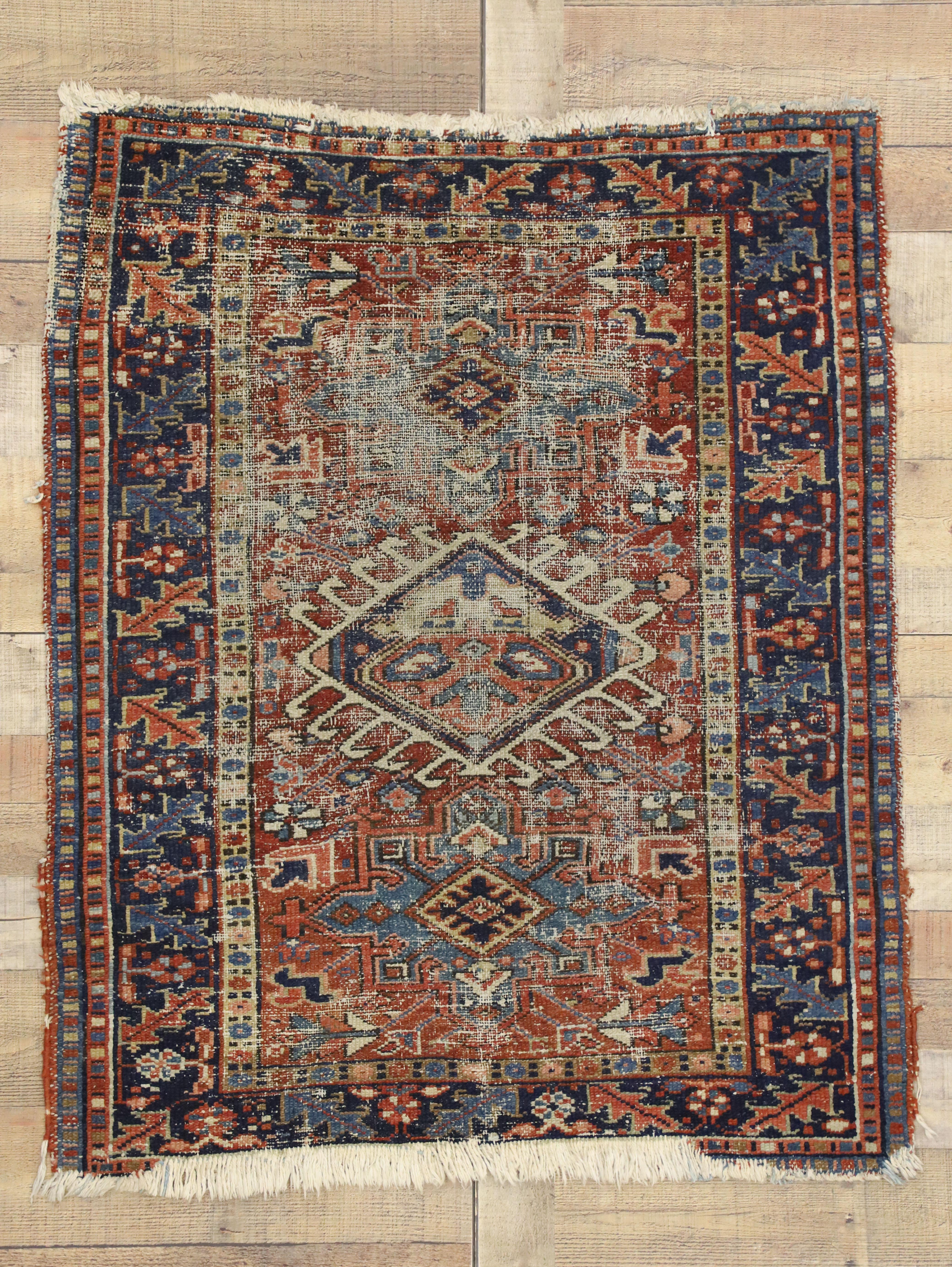 Distressed Antique Persian Heriz Karaja Rug with Rustic Artisan Style 2