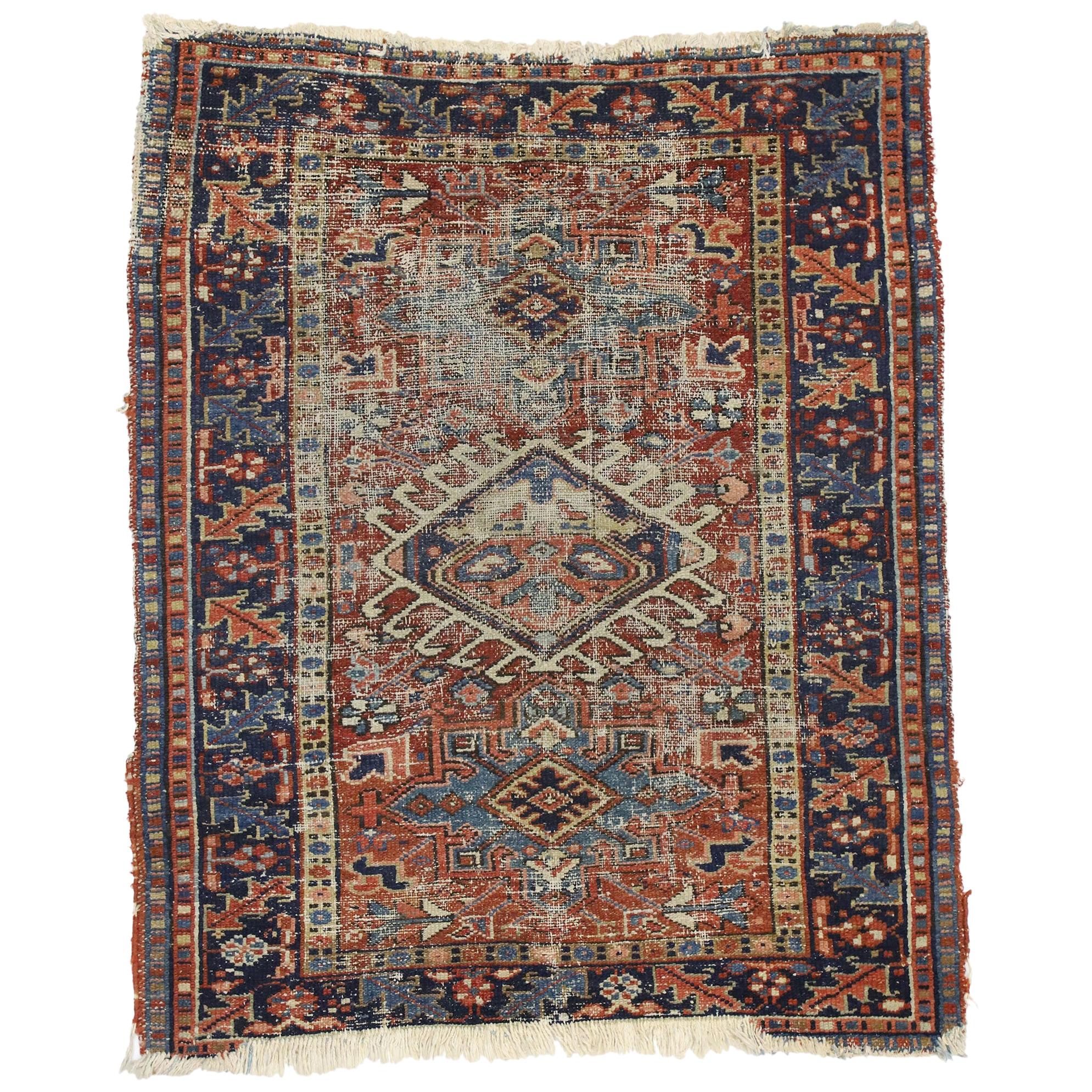 Distressed Antique Persian Heriz Karaja Rug with Rustic Artisan Style