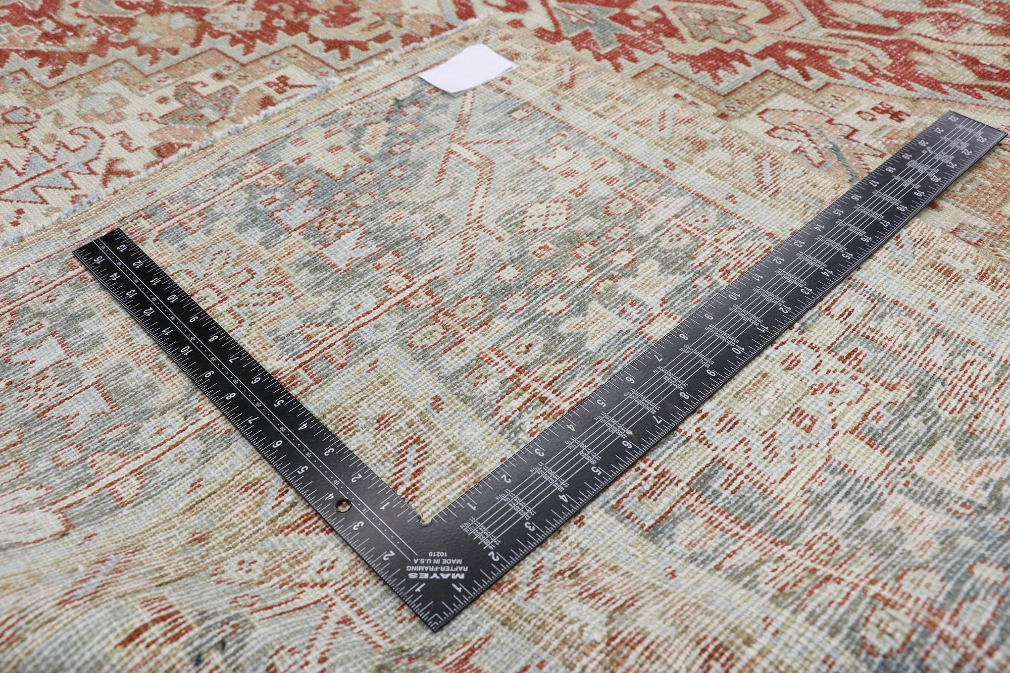 Hand-Knotted Distressed Antique Persian Heriz Rug, Modern Rustic Meets Patriotic Flair For Sale